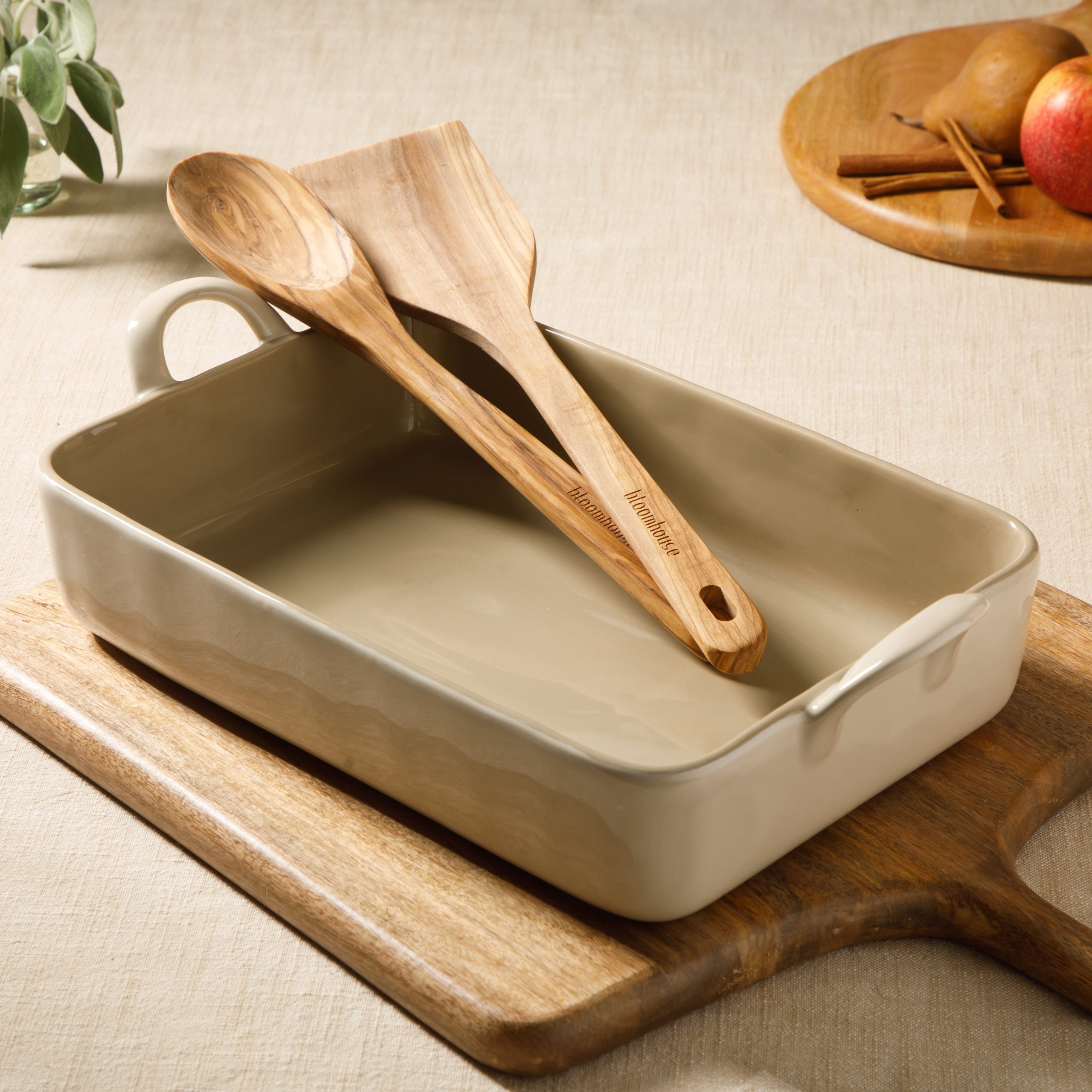 Bloomhouse 3-Piece 4.8-Quart 9 X 13 Ceramic Bakeware Set with Olive Wood Tools – Linen/Taupe Baking Dish with Handles, Oven Safe, Durable Stoneware for Casseroles, Roasting & Serving - Image 2