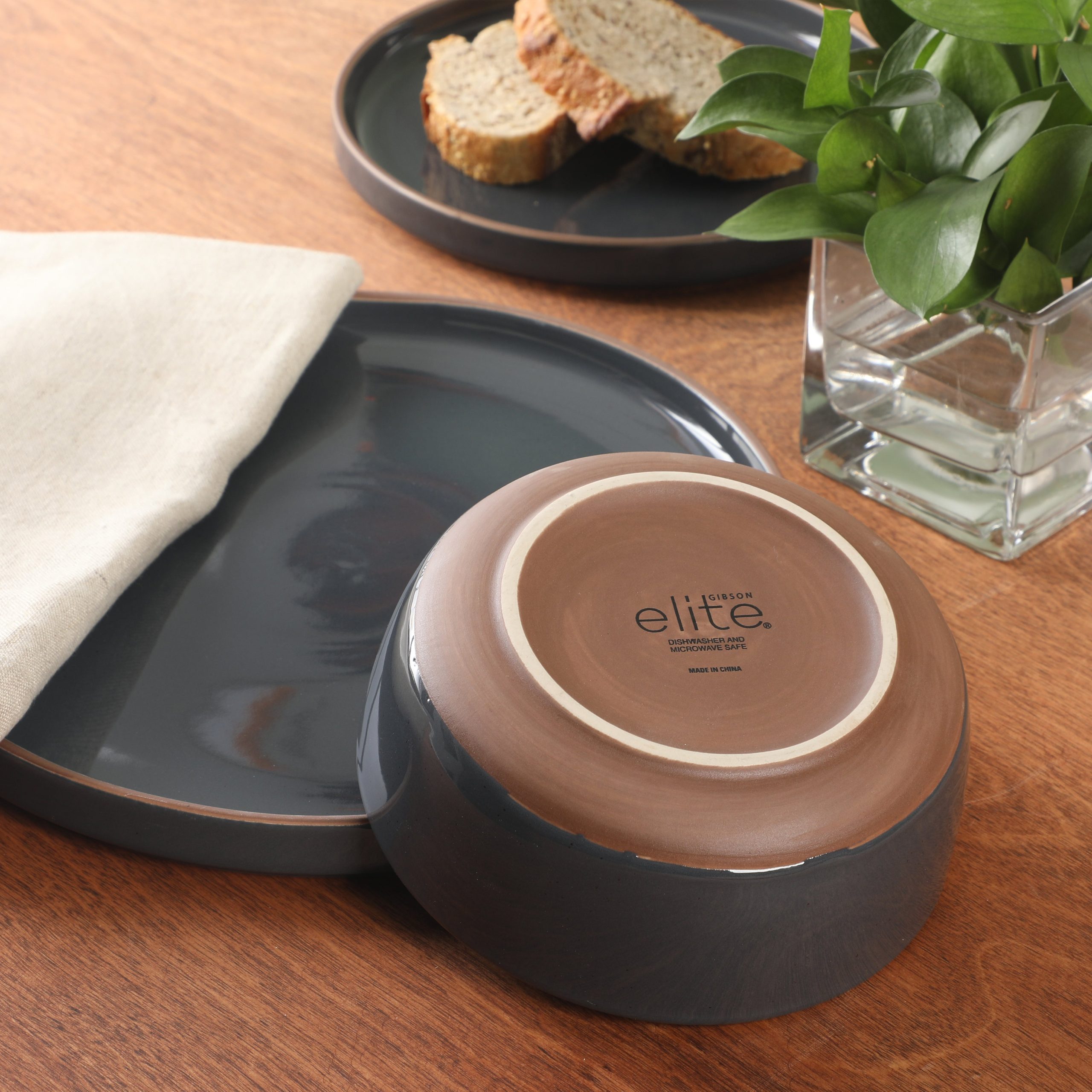 Gibson Elite Northrock Stoneware Dinnerware Set, 12-Piece Service for 4 Plates and Bowls Set – Dishes with Hand-Painted Terracotta Base - Image 4