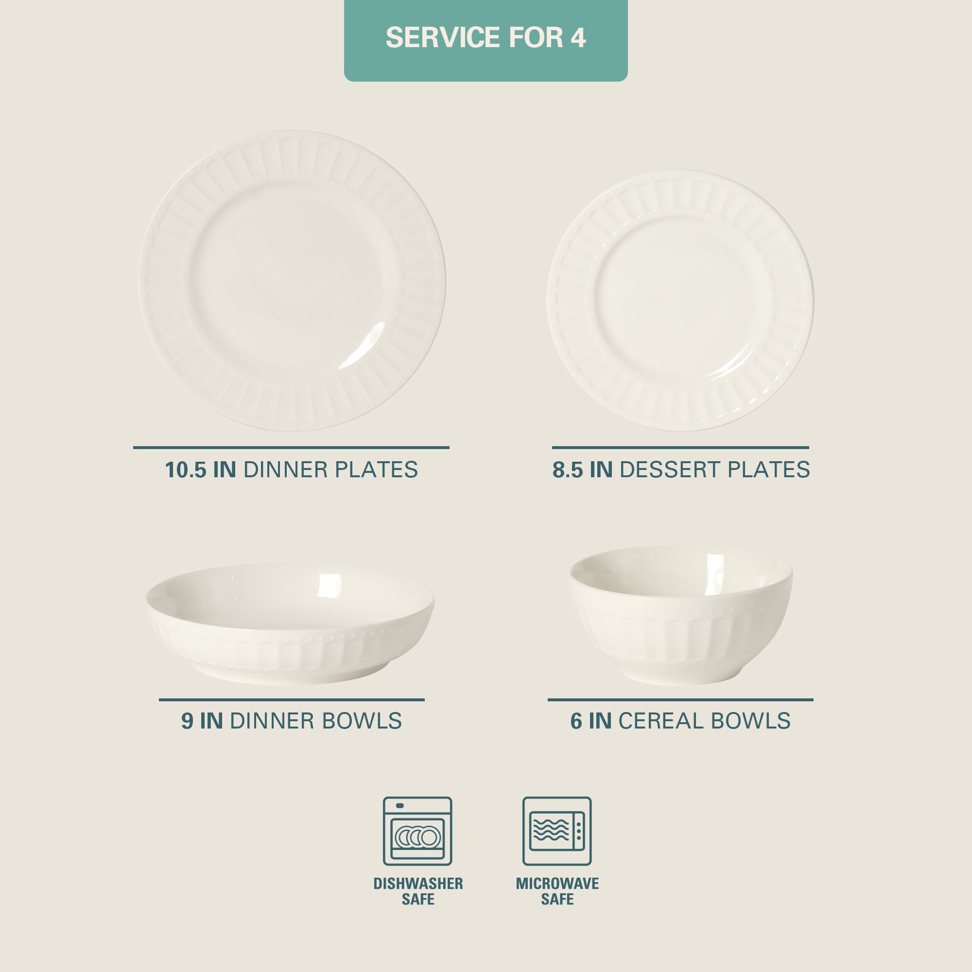 Gibson Home Melbourne White Plates and Bowls Set, 16 Piece Embossed Ceramic Dinnerware Set - Service for 4 Dishes - With Pasta Bowl - Image 2