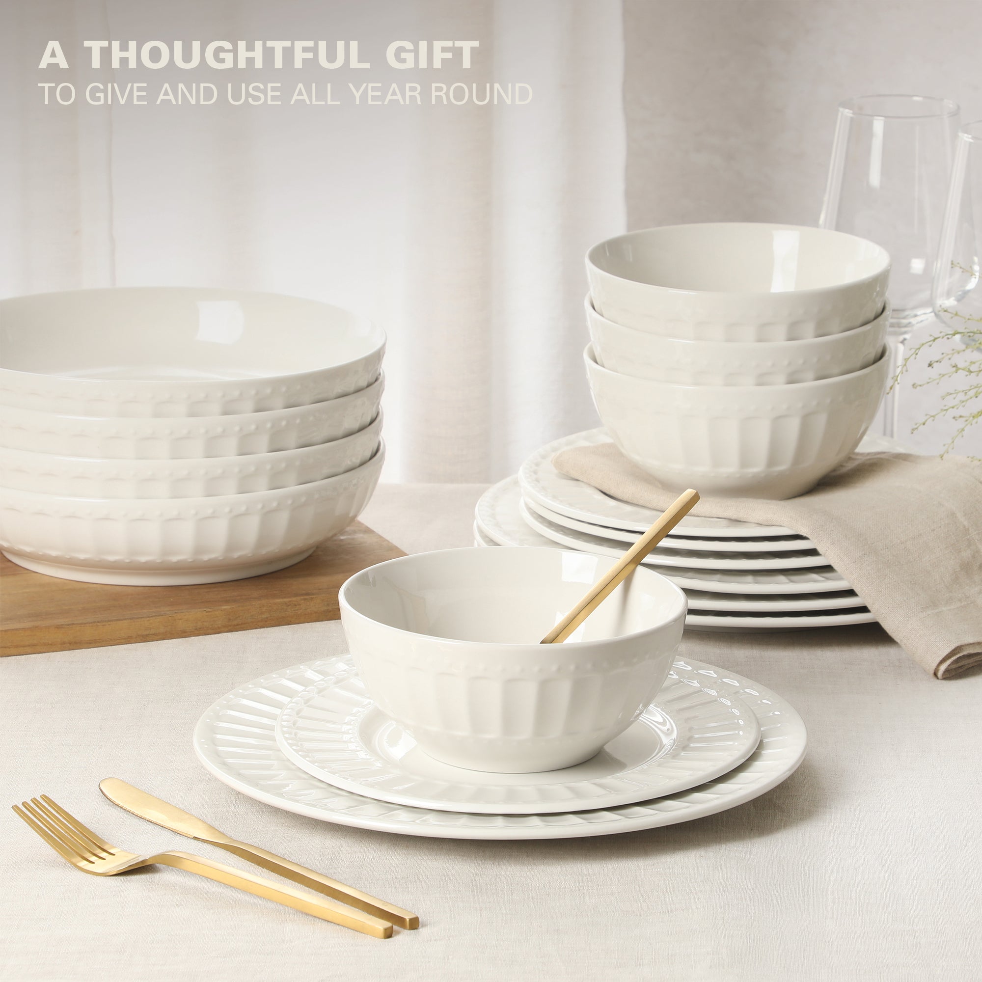 Gibson Home Melbourne White Plates and Bowls Set, 16 Piece Embossed Ceramic Dinnerware Set - Service for 4 Dishes - With Pasta Bowl - Image 4