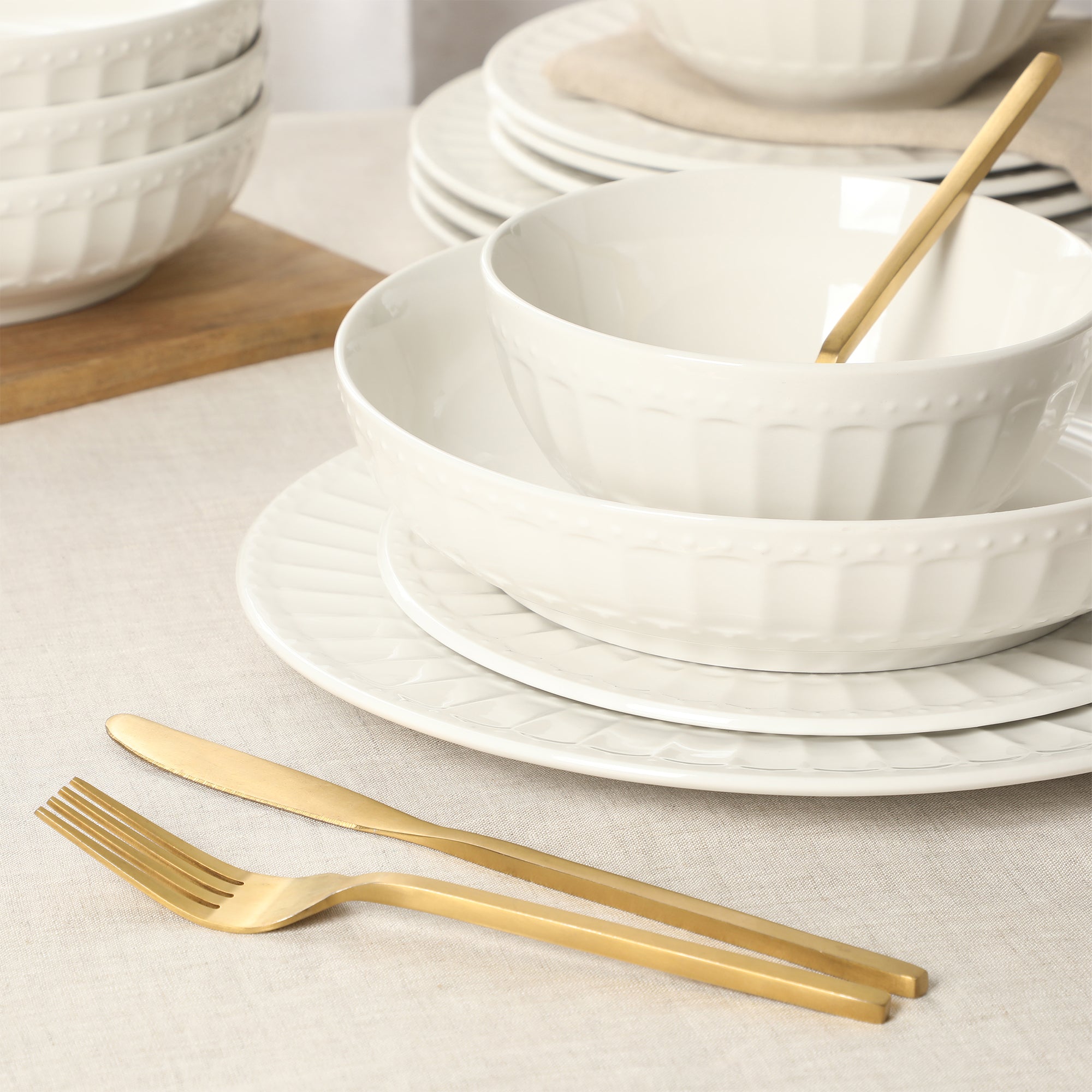 Gibson Home Melbourne White Plates and Bowls Set, 16 Piece Embossed Ceramic Dinnerware Set - Service for 4 Dishes - With Pasta Bowl - Image 6