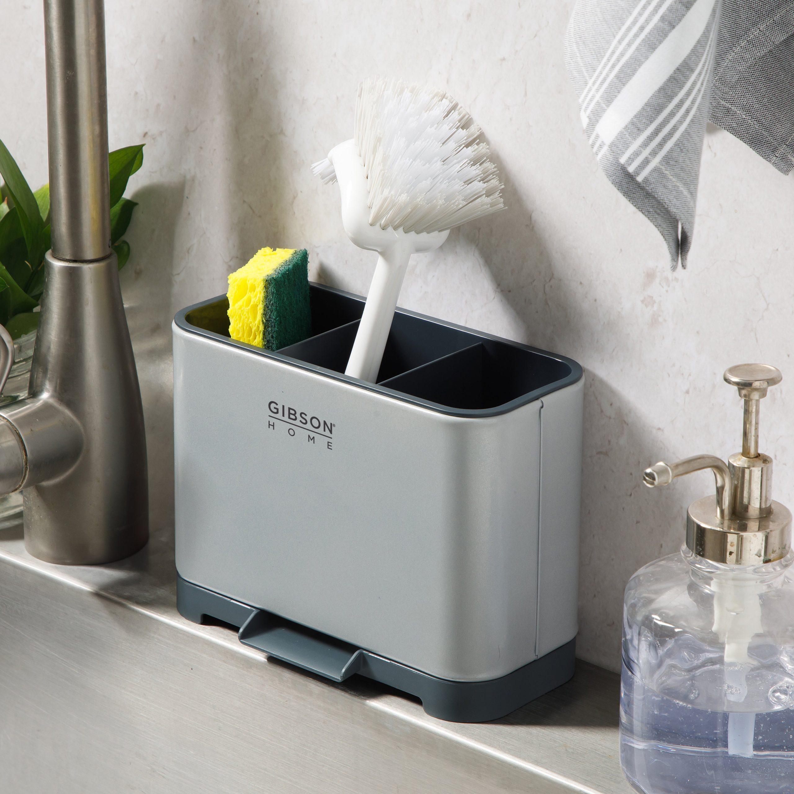 Gibson Home Ledgebrook Sink Caddy With Metal Panel, Sponge Holder for Kitchen Sink, Countertop Organizer and Storage Essentials With Drain Board - Image 2