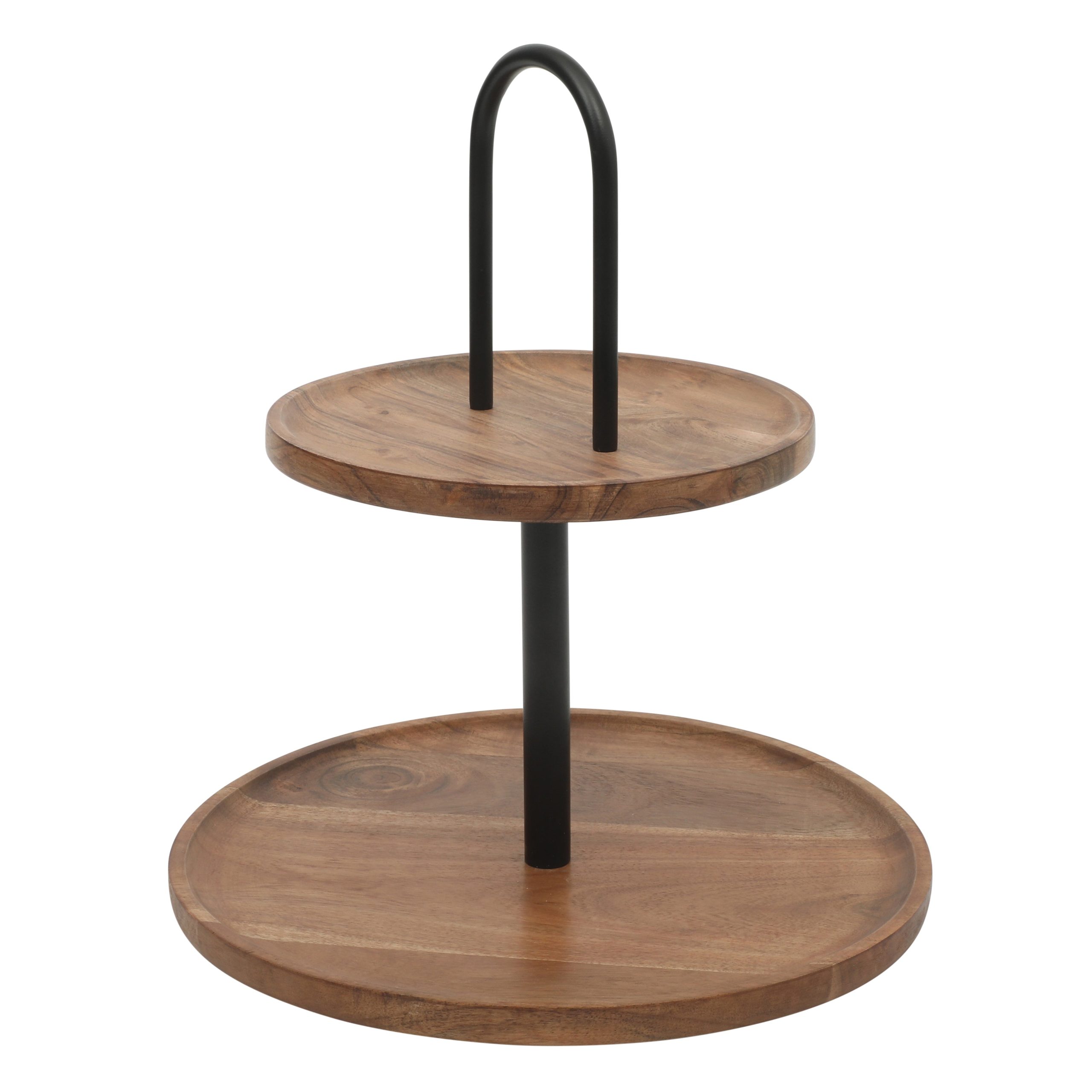 Gibson Home Gracious Dining 2-Tier Round Acacia Wood Serving Tray – Rustic Charcuterie Board Stand with Black Iron Handle – Tiered Party Platter, Dessert Display or Lazy Susan for Entertaining - Image 4