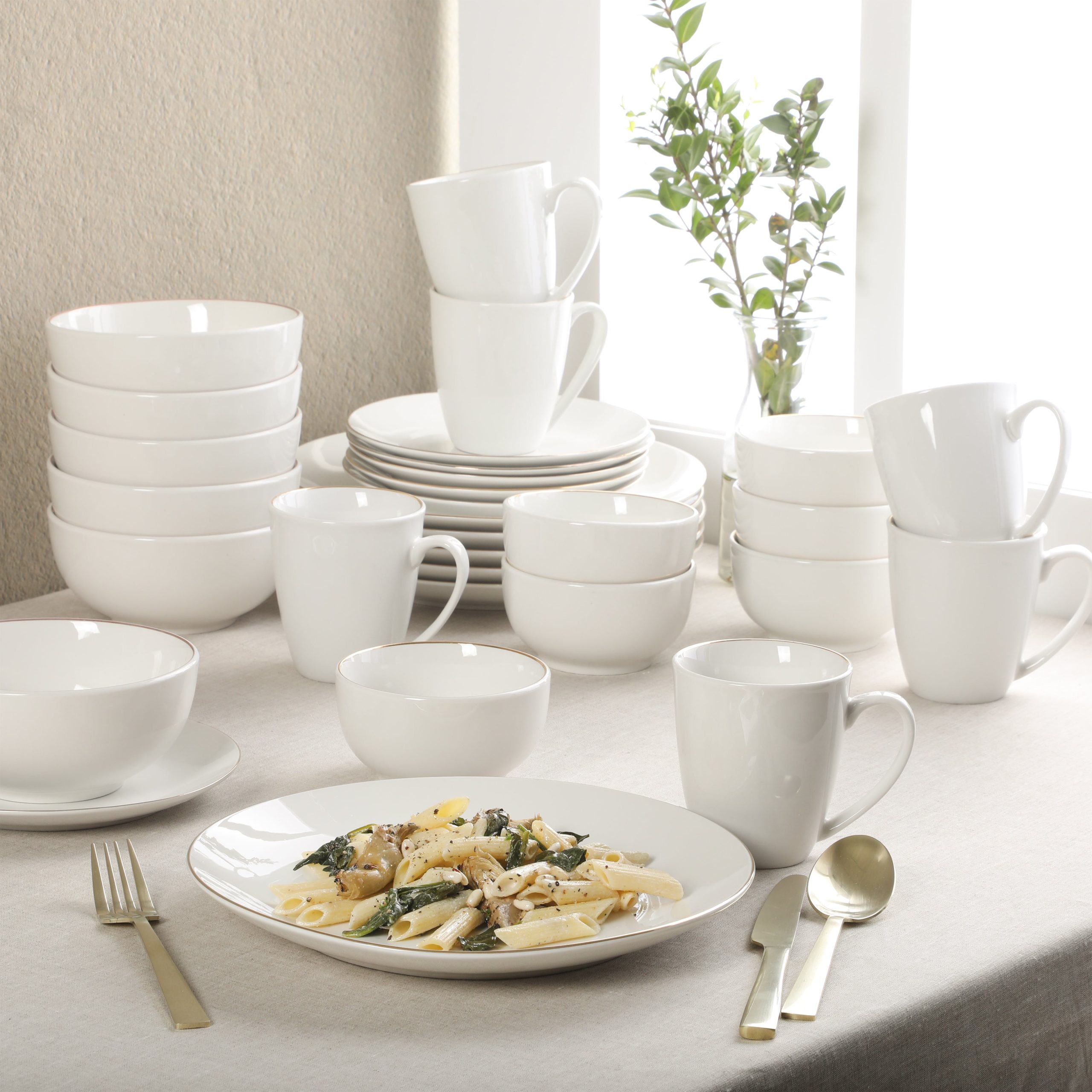Gibson Home Ogalla 30 Piece Plates, Bowls, & Mugs Dinnerware Set - Service for 6 - White Porcelain W/ Gold Band - Image 2