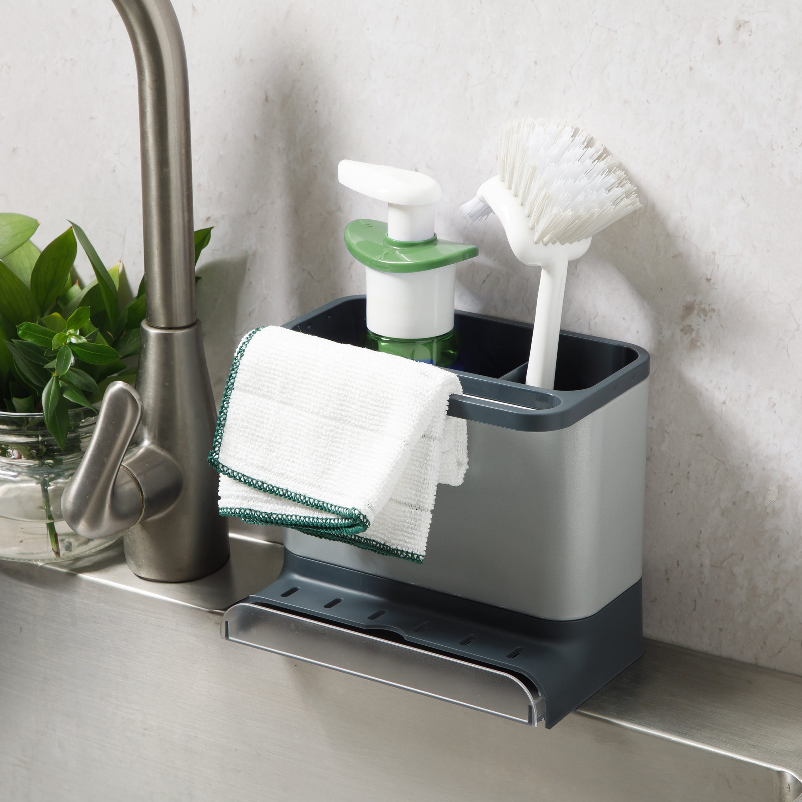 Gibson Home Ledgebrook Sink Caddy With Metal Panel, Metal Sponge Holder for Kitchen Sink, Countertop Organizer and Storage Essentials With Drain Board - Image 2