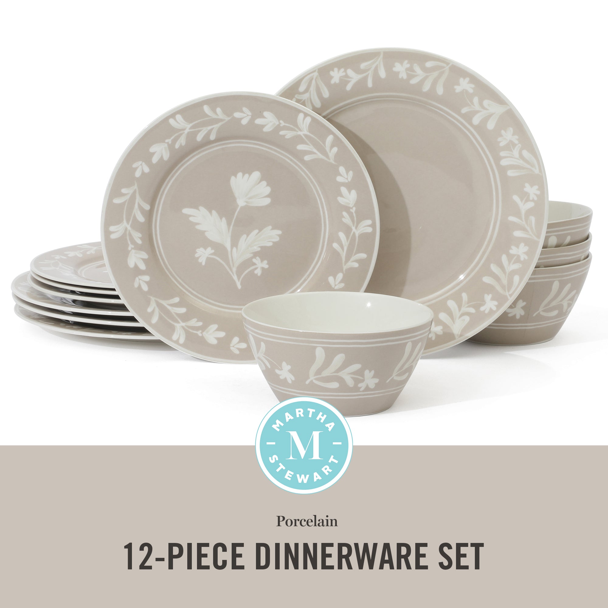 Martha Stewart Maiden Crown 12-Piece Dinnerware Set – Vegan Bone China Ceramic Plates & Bowls – Floral Design – Service for 4 – Dishwasher & Microwave Safe - Image 2