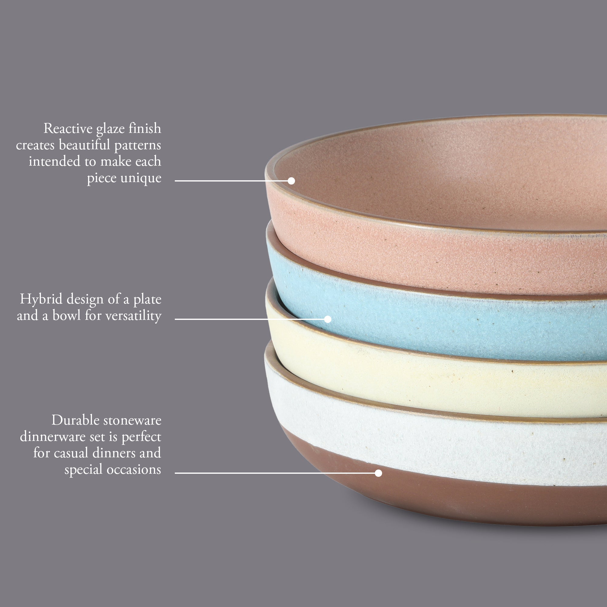 Gibson Elite William Crest 4 Piece Dinner Bowl Set, 8.5” Round Stoneware Bowls, Reactive Glaze Finish, Large Soup, Pasta & Salad Bowls, Microwave & Dishwasher Safe - Image 3