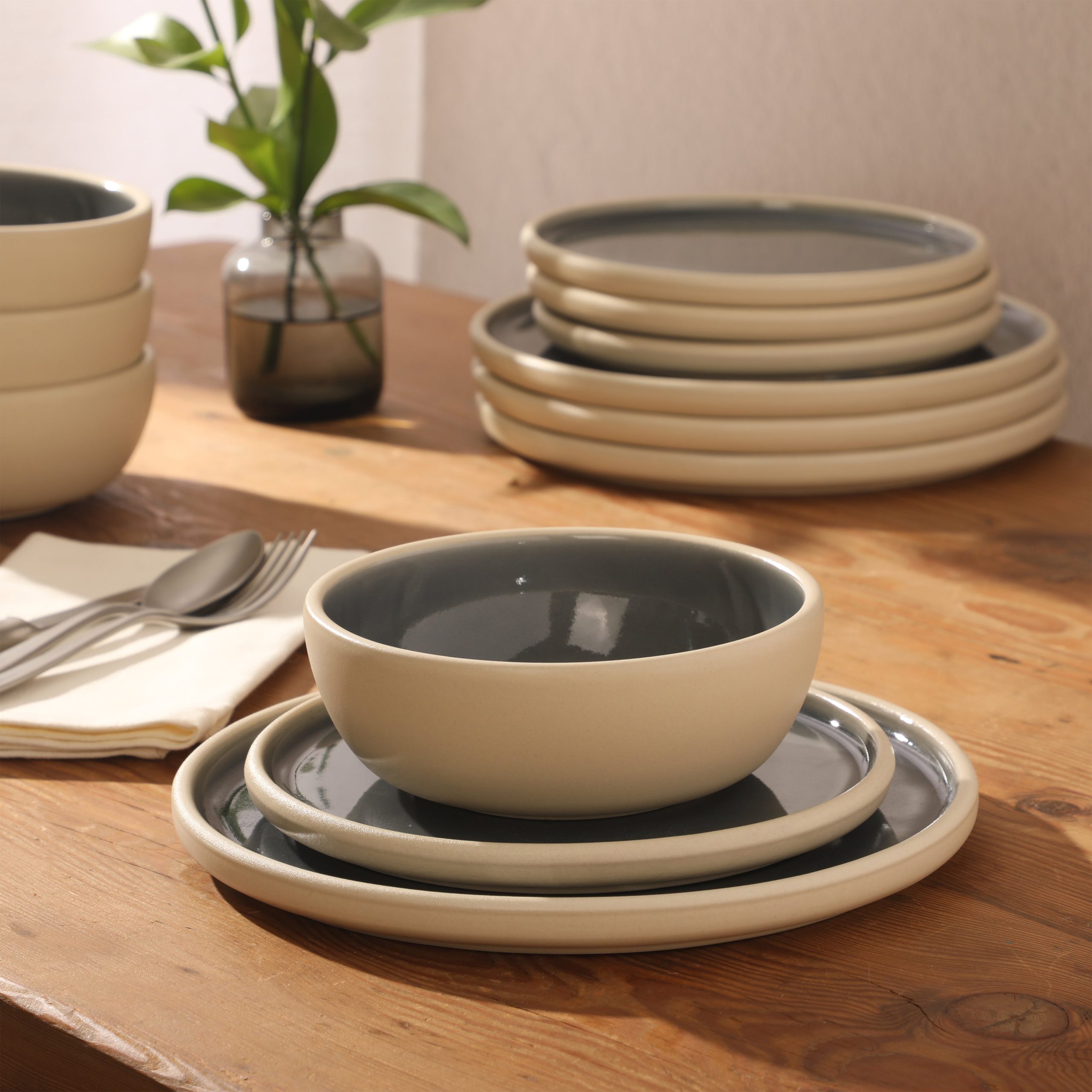 Gibson Elite - Made in Portugal - Port Gaia 12 Piece (Service for 4) Plates and Bowls Reactive Glaze Dishes Stoneware Ceramic Dinnerware Set - Image 2