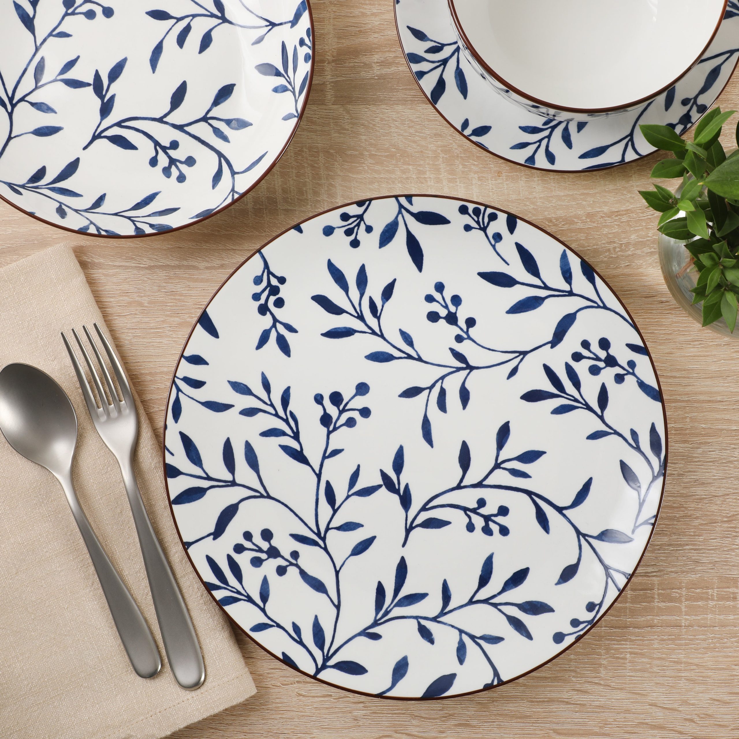 Gibson Home Palace Suite 16-Piece Dinnerware Set, Blue Floral Stoneware Plates & Bowls, Service for 4, Round Durable Everyday Dish Set - Image 3