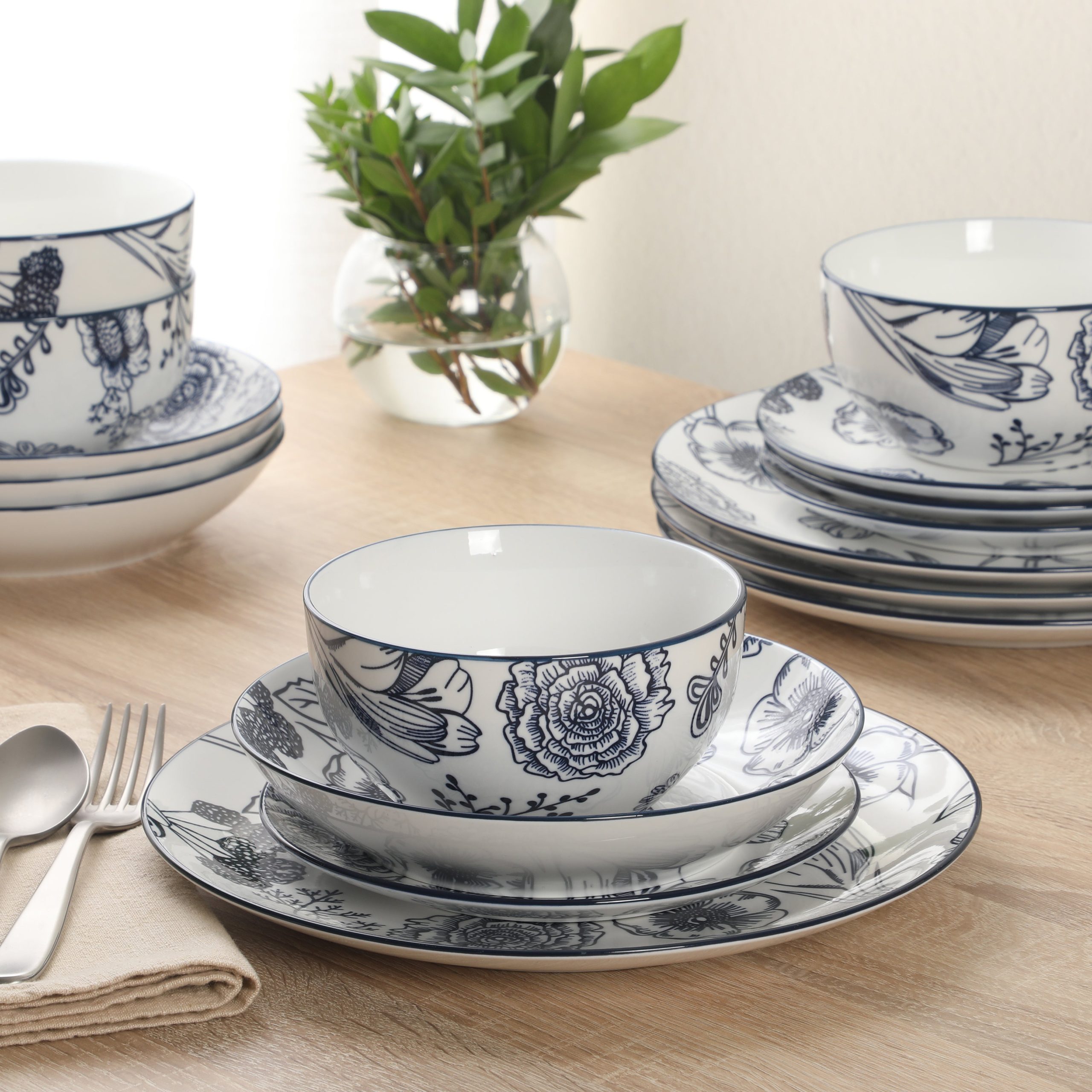 Gibson Home Westerly Court 16-Piece Dinnerware Set, Blue Floral Stoneware Plates & Bowls, Service for 4, Round Durable Everyday Dish Set - Image 3