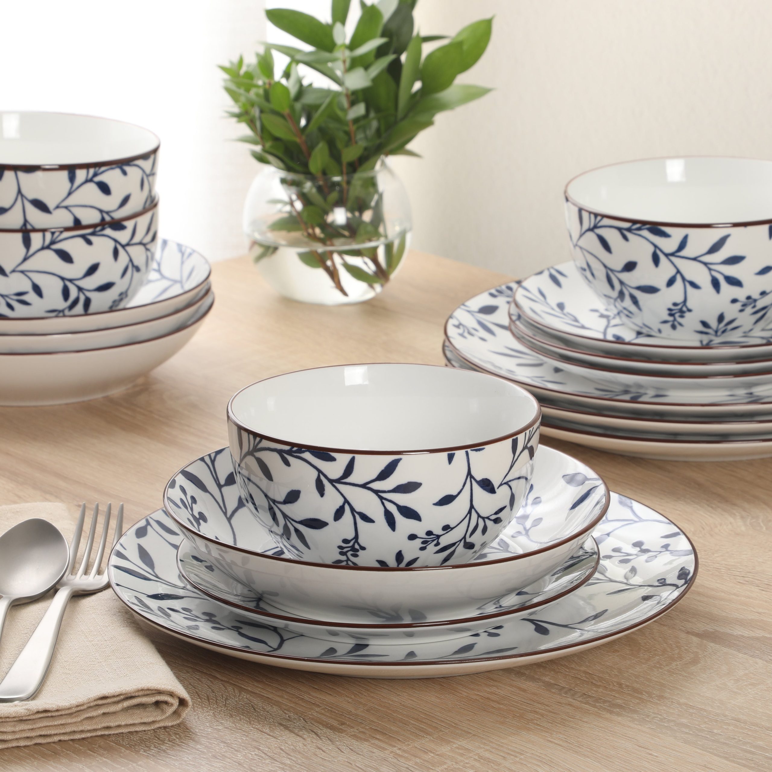 Gibson Home Palace Suite 16-Piece Dinnerware Set, Blue Floral Stoneware Plates & Bowls, Service for 4, Round Durable Everyday Dish Set - Image 4