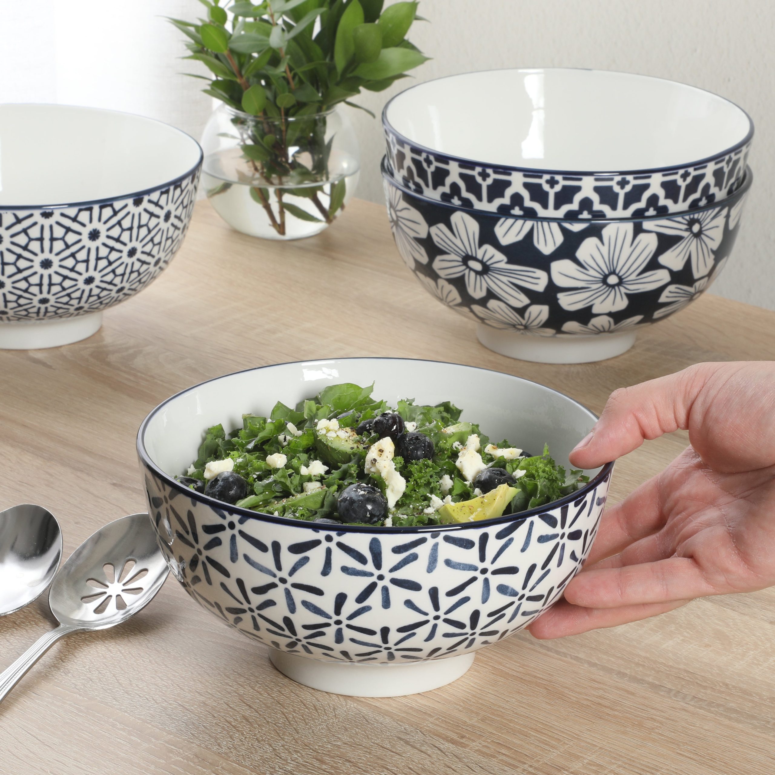 Gibson Home Castle Way 4-Piece Serving Bowl Set, 8 Inch Round Stoneware Bowls, Blue & White Assorted Pattern, Decorative Everyday Use - Image 2