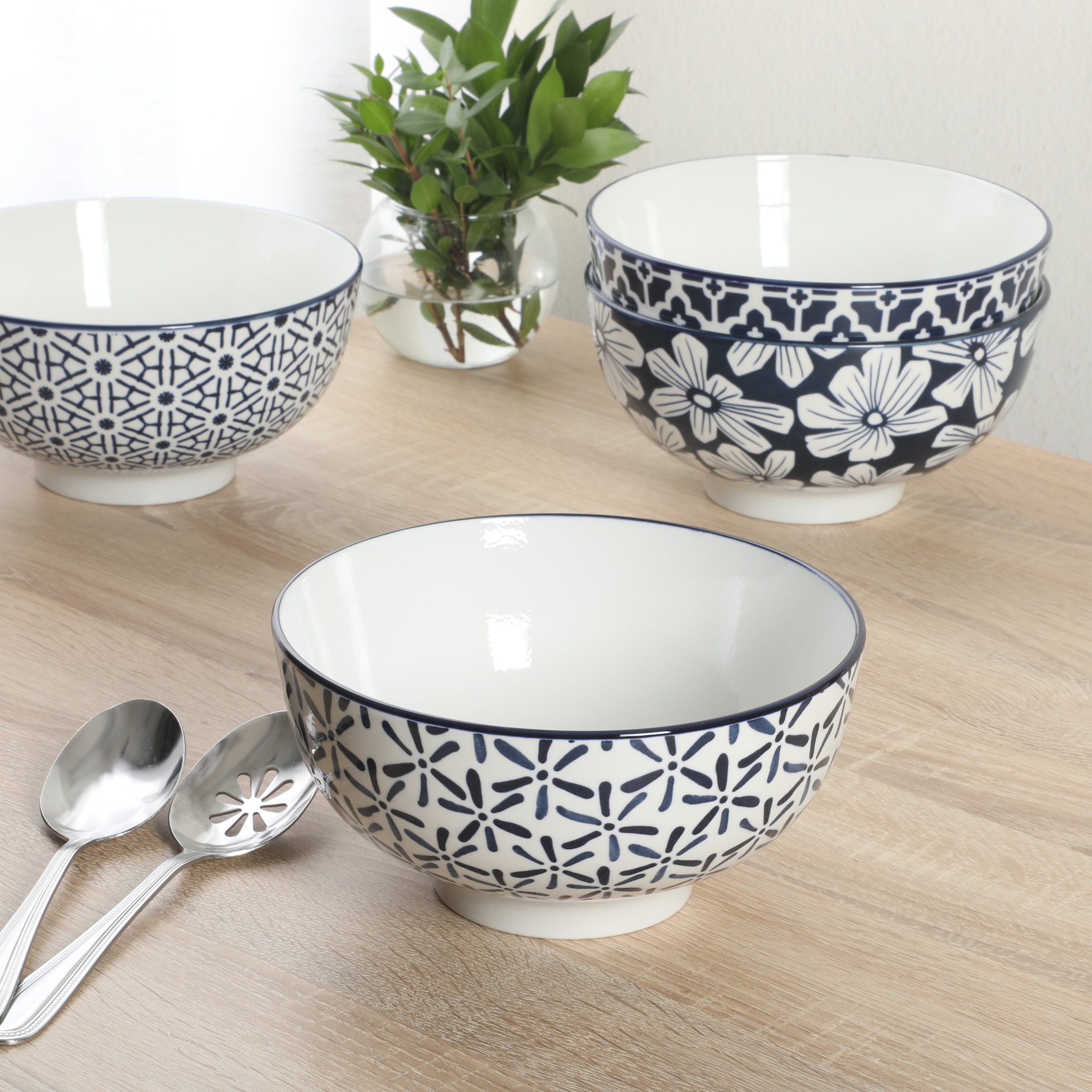 Gibson Home Castle Way 4-Piece Serving Bowl Set, 8 Inch Round Stoneware Bowls, Blue & White Assorted Pattern, Decorative Everyday Use - Image 3