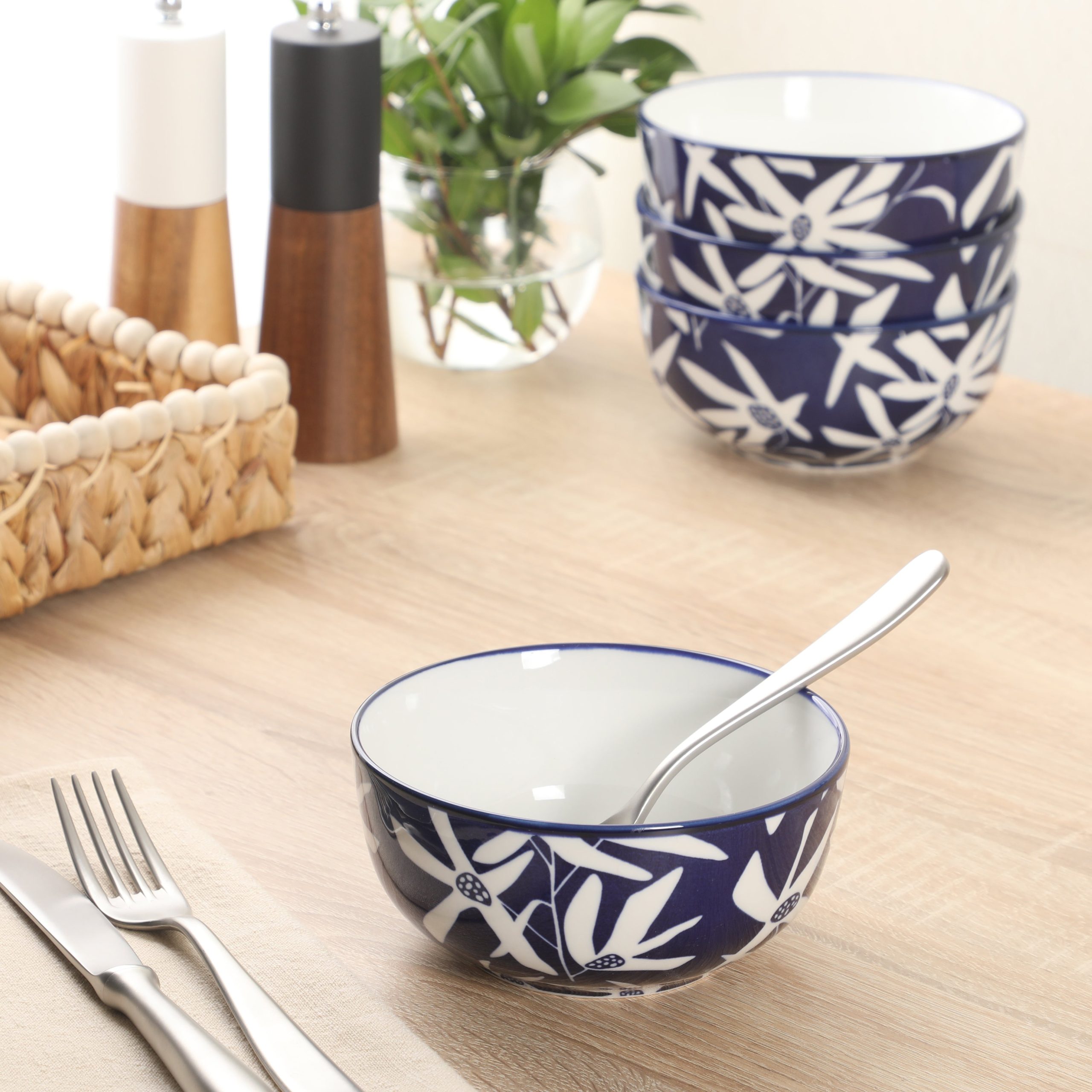 Gibson Home Ivory Estate 4-Piece Cereal Bowl Set, 5.5 Inch Round Stoneware Bowls, Blue & White Floral Pattern, Assorted Decorative Designs - Image 4
