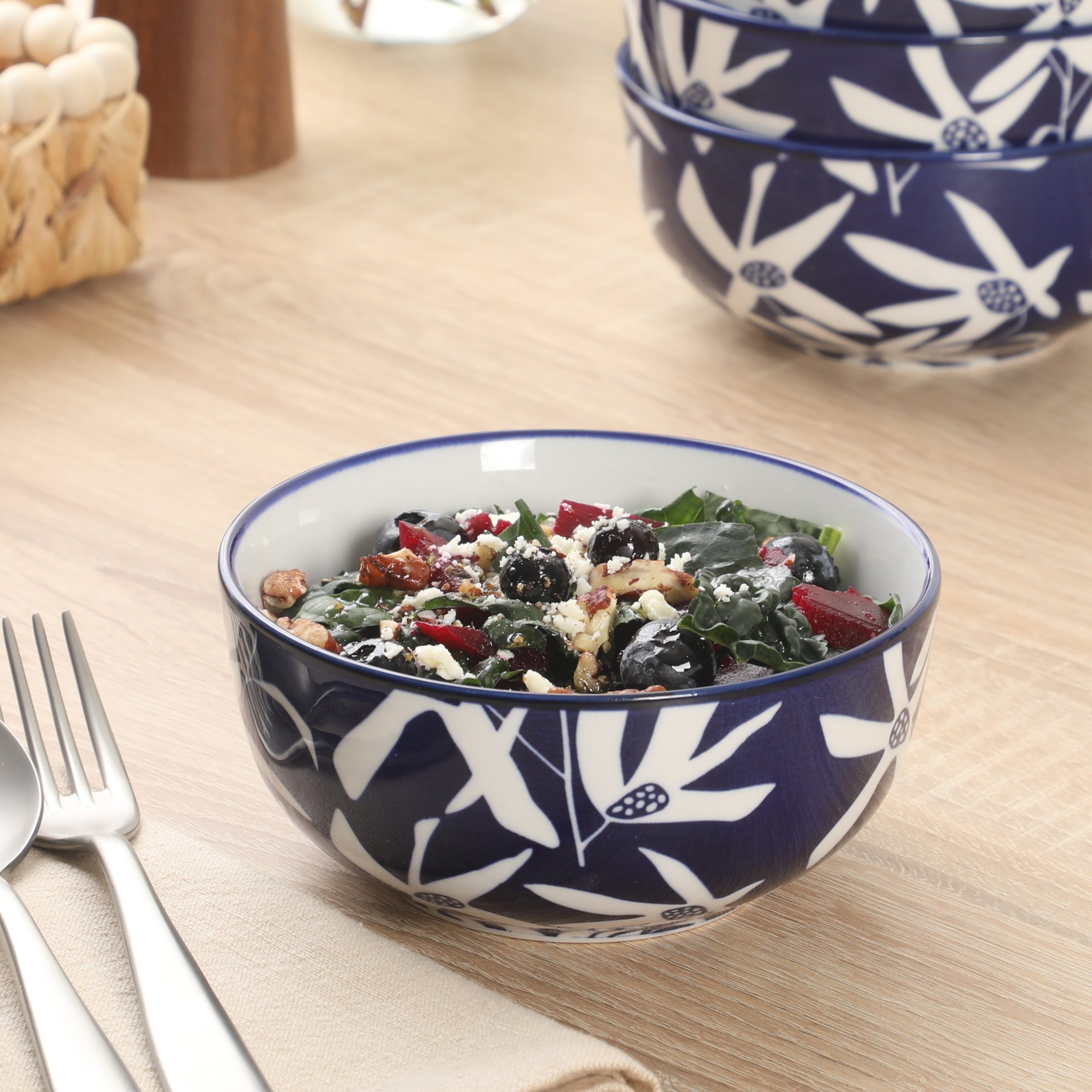 Gibson Home Ivory Estate 4-Piece Cereal Bowl Set, 5.5 Inch Round Stoneware Bowls, Blue & White Floral Pattern, Assorted Decorative Designs - Image 2