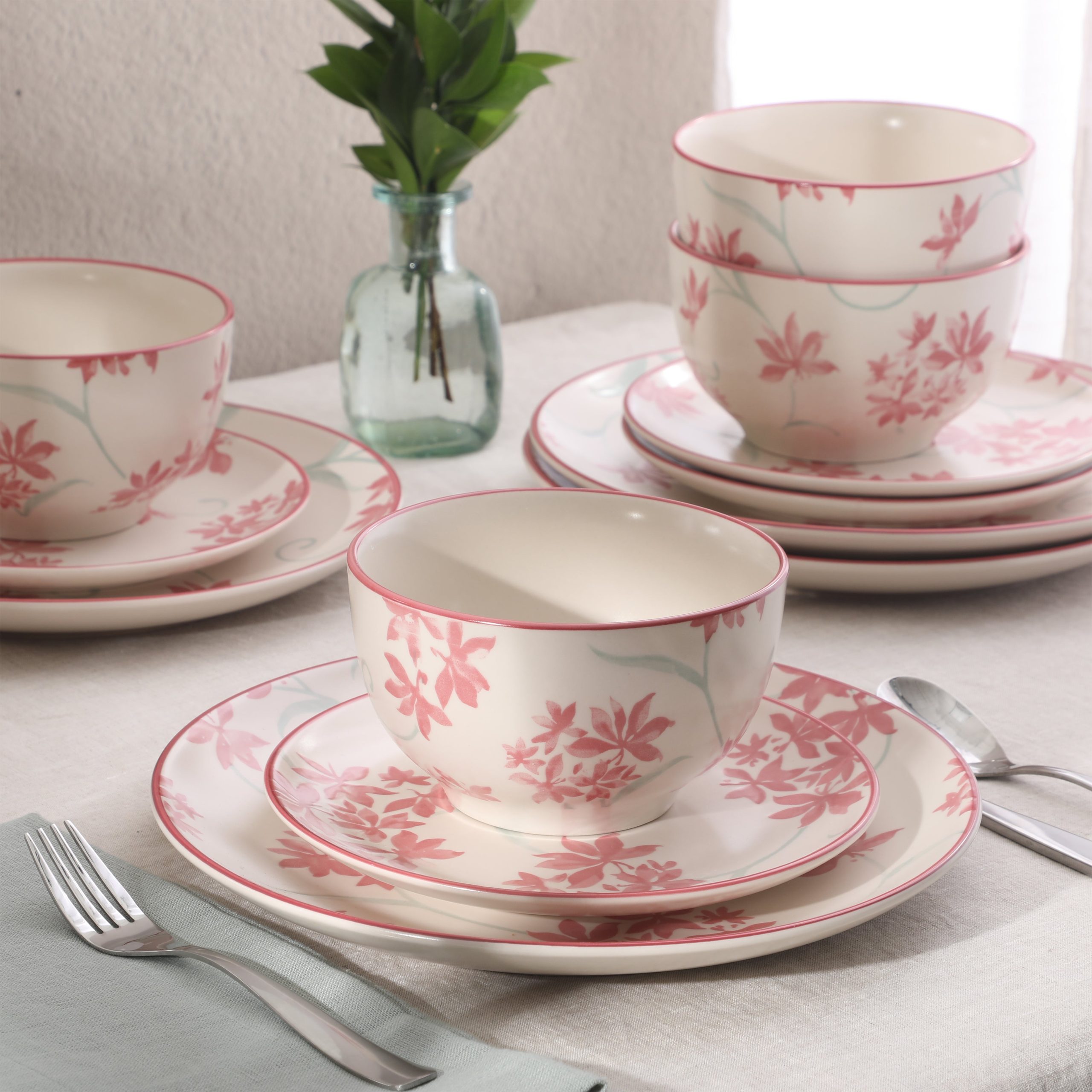 Gibson Home Admiral Hall 12-Piece Matte Stoneware Dinnerware Set – Dinner Plates, Salad Plates & Bowls with Pink Floral Pattern, Durable Everyday Dish Set, Microwave & Dishwasher Safe - Image 3
