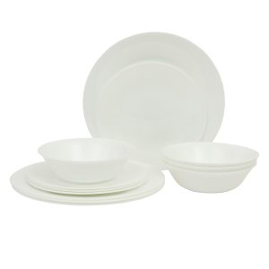 Gibson Home Vanilla Hills 12-Piece Opal Glass Dinnerware Set, Service for 4 – Includes 10" Dinner Plates, 8.5" Salad Plates & Bowls – Microwave Safe, Dishwasher Safe, Chip Resistant – White, Round