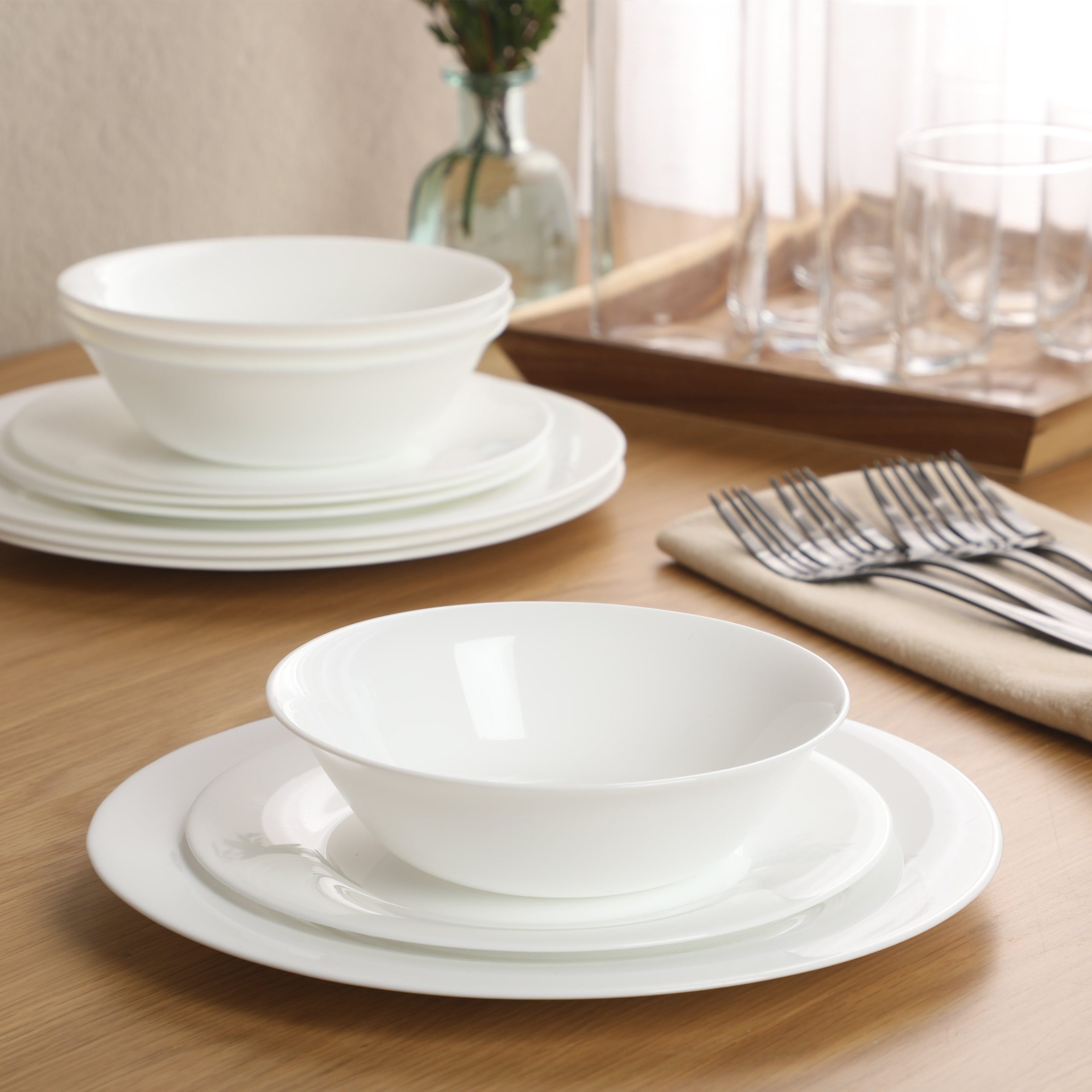 Gibson Home Vanilla Hills 12-Piece Opal Glass Dinnerware Set, Service for 4 – Includes 10" Dinner Plates, 8.5" Salad Plates & Bowls – Microwave Safe, Dishwasher Safe, Chip Resistant – White, Round - Image 2