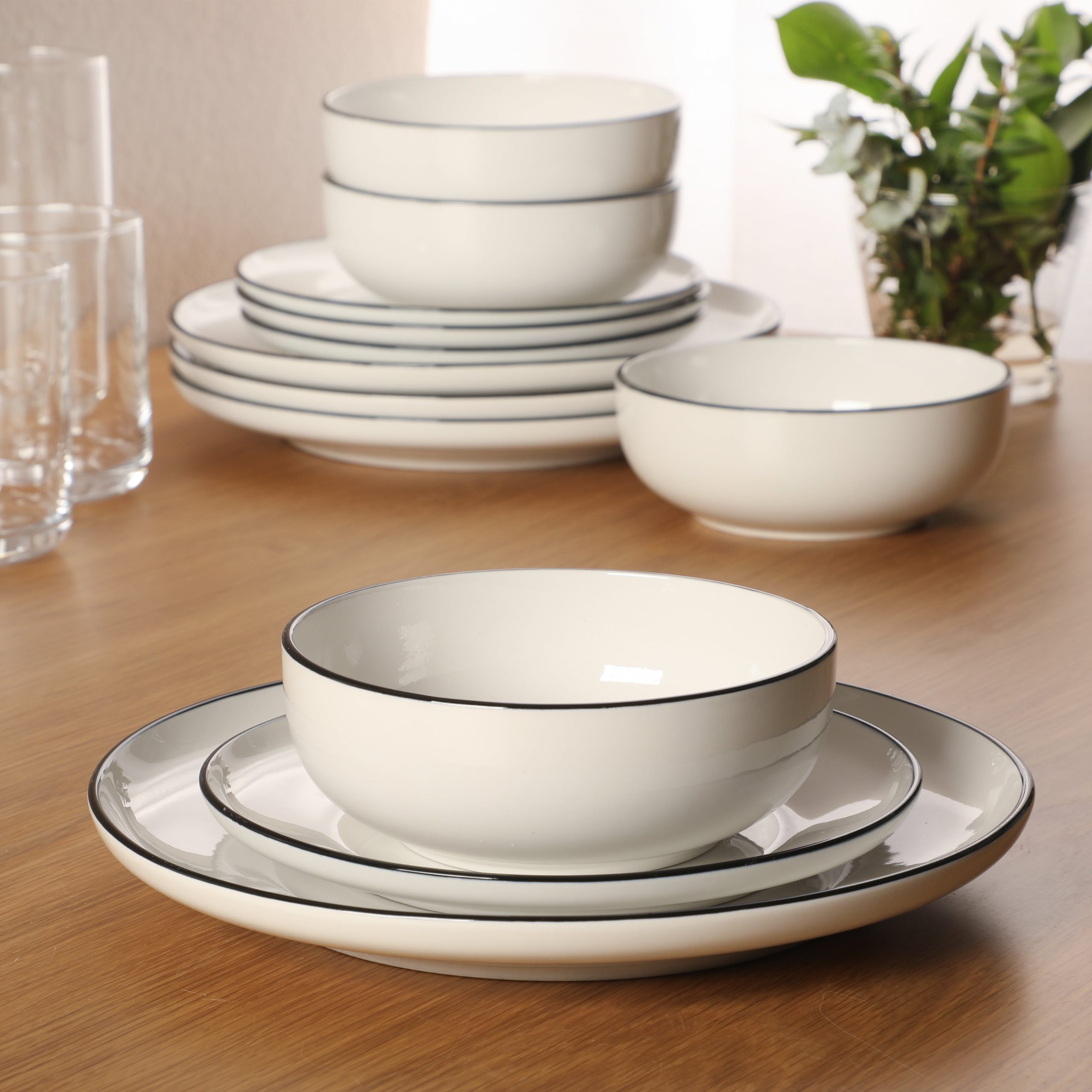 Gibson Home Havenstone 12-Piece Porcelain Dinnerware Set – Dinner Plates, Salad Plates & Bowls, Classic White With Black Rim Everyday Dish Set for Home, Kitchen, Microwave & Dishwasher Safe - Image 2
