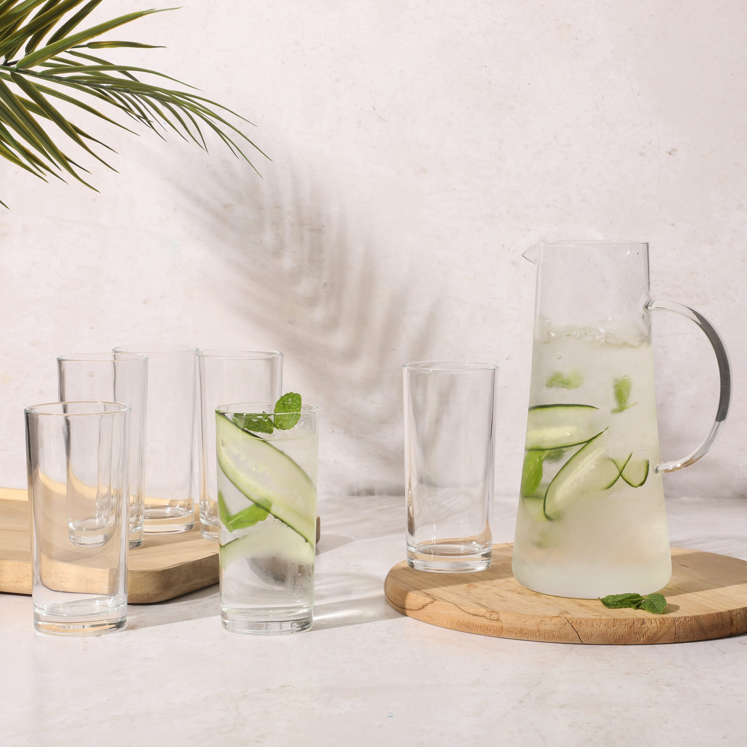 Gibson Home Boozy Brunch 7 Piece Glass Pitcher & Tumbler Set – 1.5L Pitcher with Six 13–14oz Tumblers, Everyday Beverage & Entertaining Drinkware Set, Dishwasher Safe - Image 2