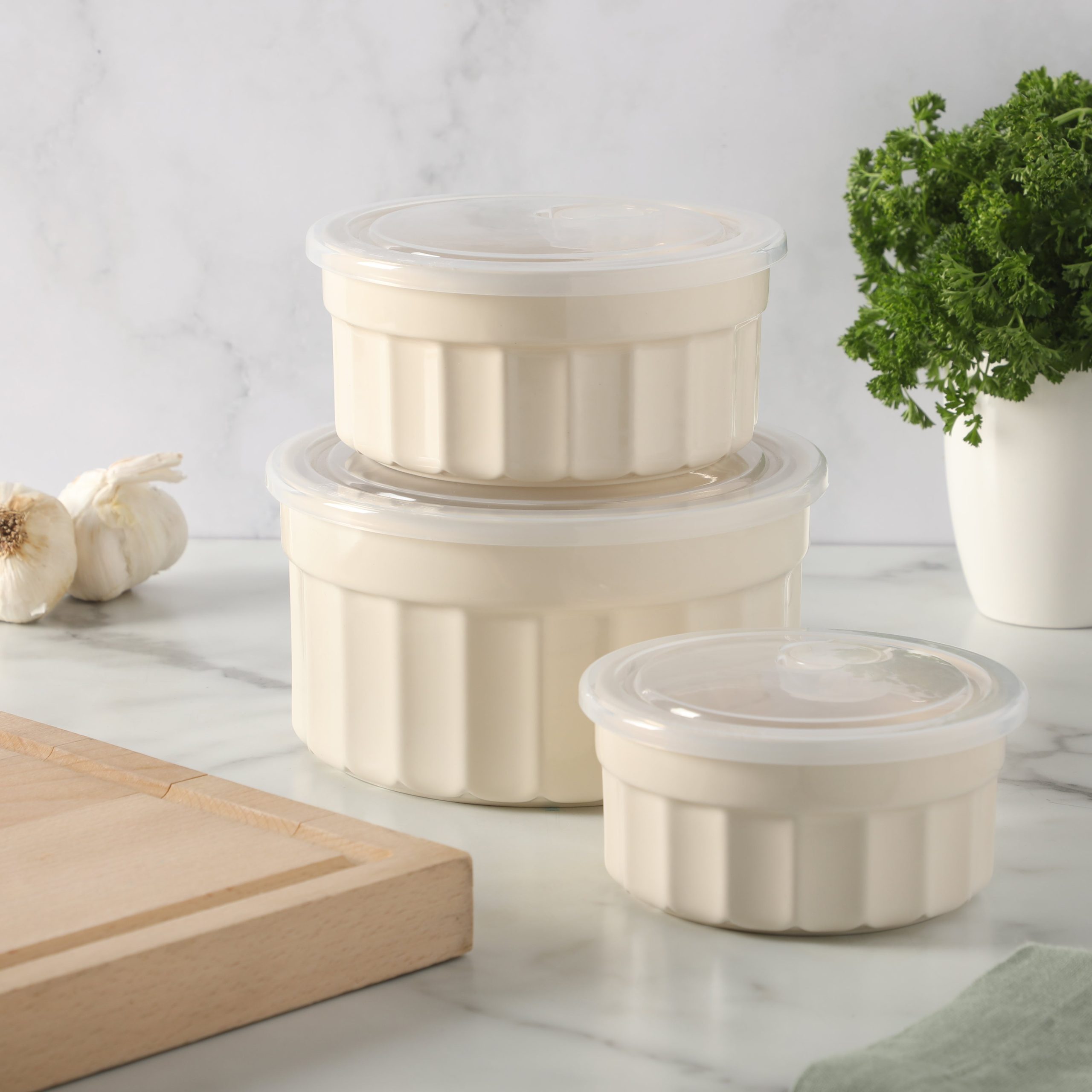 Martha Stewart Broadbrook 6 Piece Stoneware Meal Prep Container Set with Lids, Rectangular/Round Food Storage & Bakeware, Cream, Oven, Microwave & Dishwasher Safe - Image 10