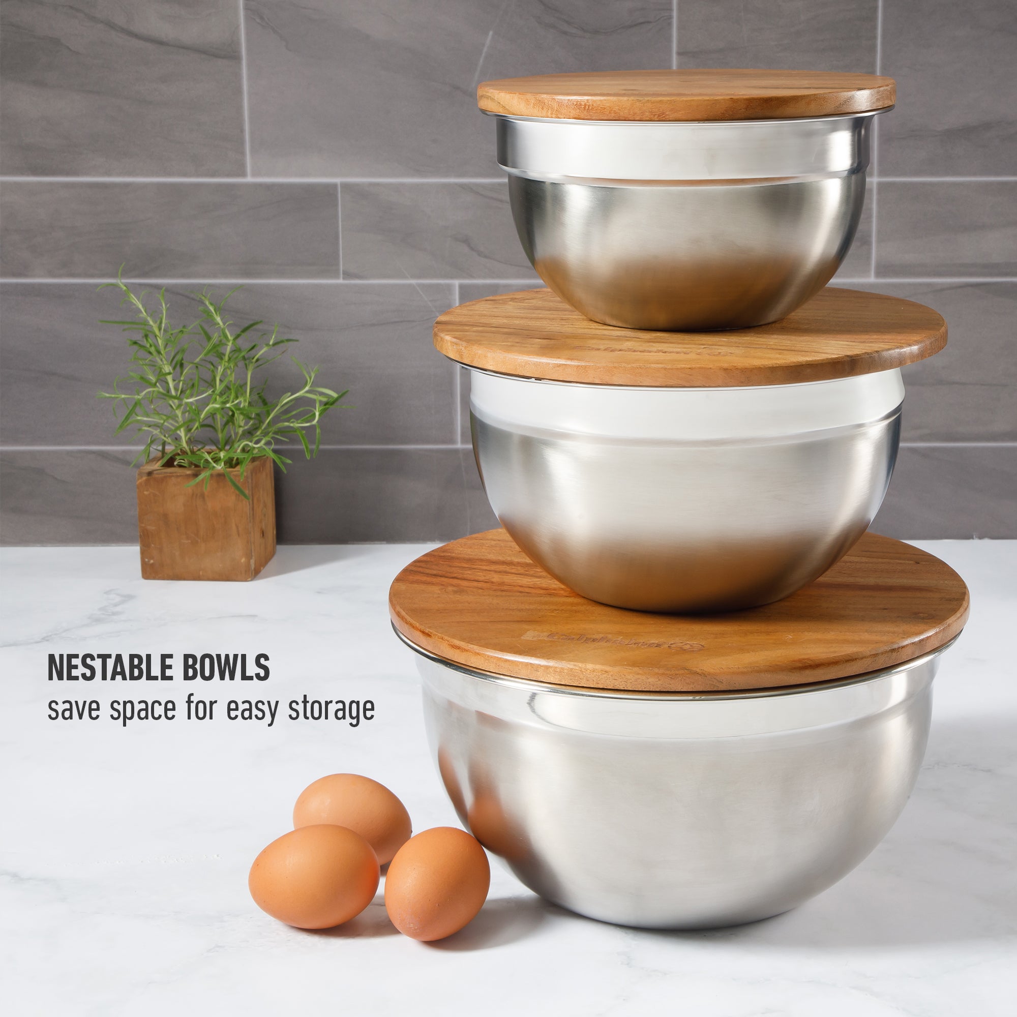 Calphalon Orbit 3 Piece Mixing Bowl Set W/ Acacia Wood Lids - Image 6