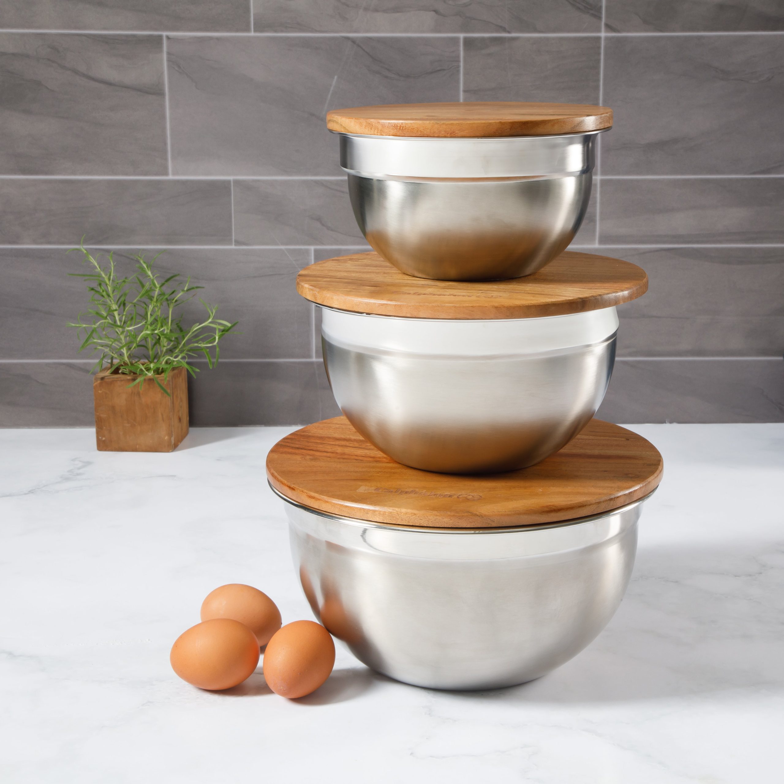 Calphalon Orbit 3 Piece Mixing Bowl Set W/ Acacia Wood Lids - Image 2