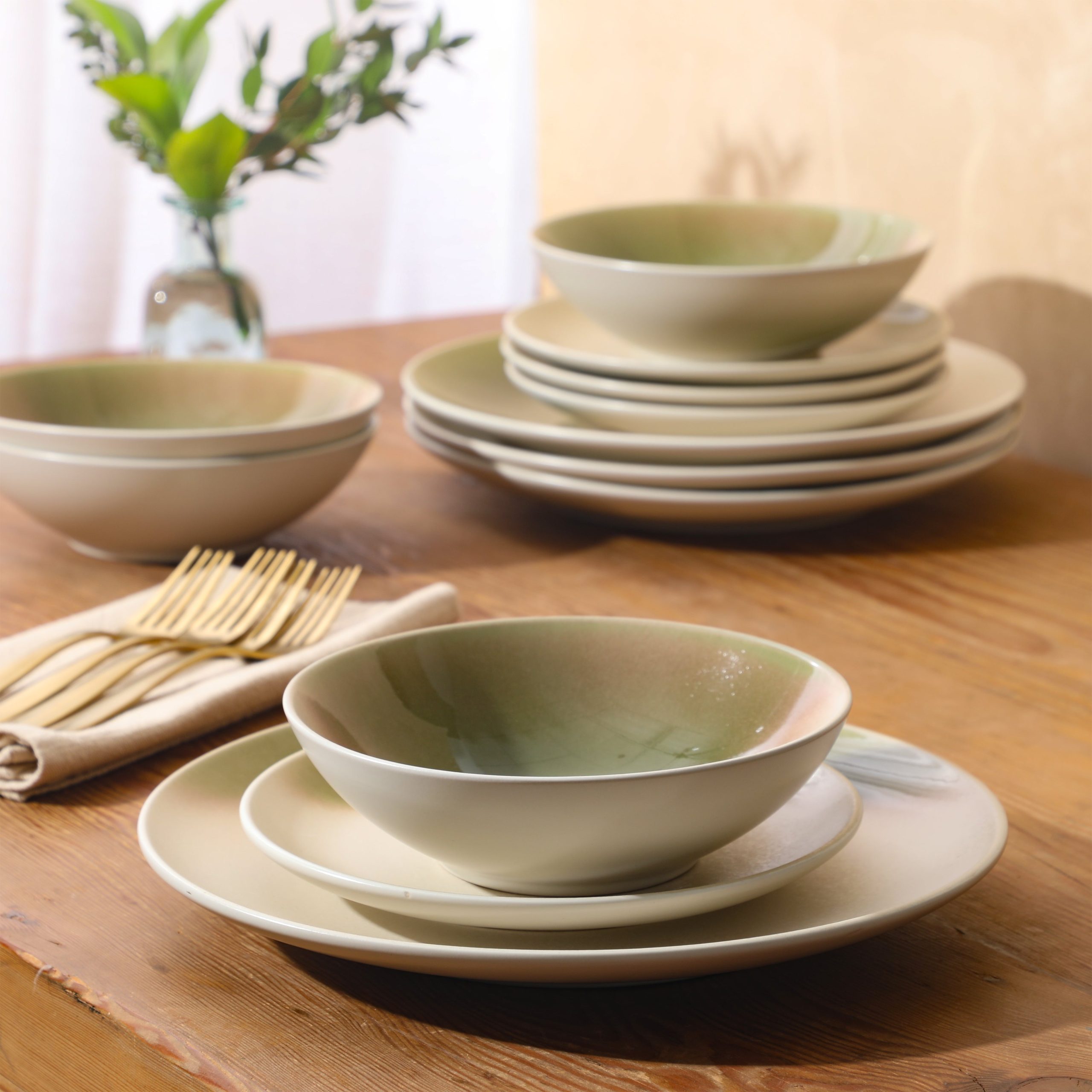 Gibson Elite Crescenton Plates and Bowls Sets, 12-Piece Stoneware Dinnerware Sets, Round Reactive Glaze Dish Set, Service for 4 - Image 2