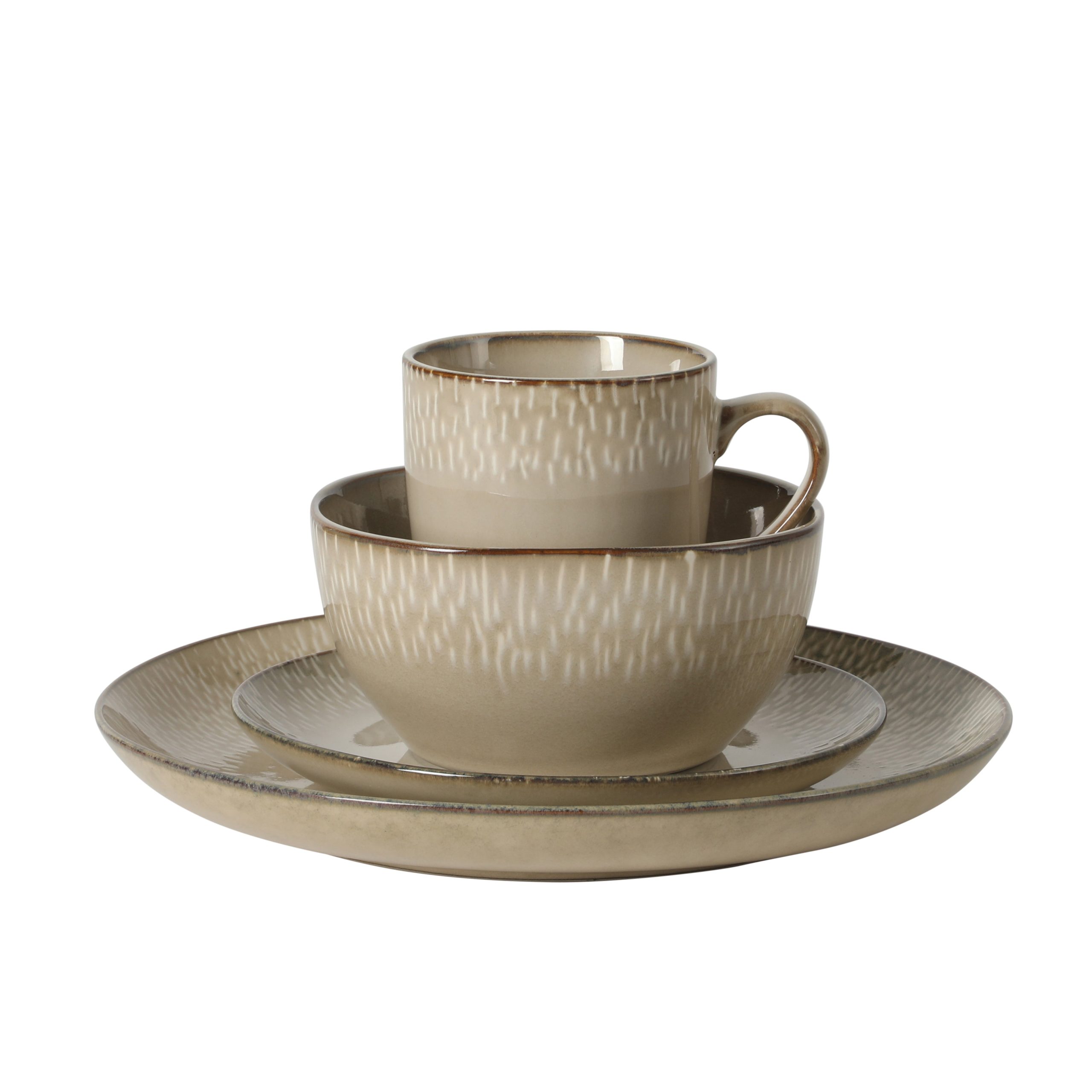 Gibson Elite Jasper 16 Piece Plates and Bowls Reactive Glaze Dishes Stoneware Ceramic Dinnerware Set - Service for 4 - Taupe - Image 6