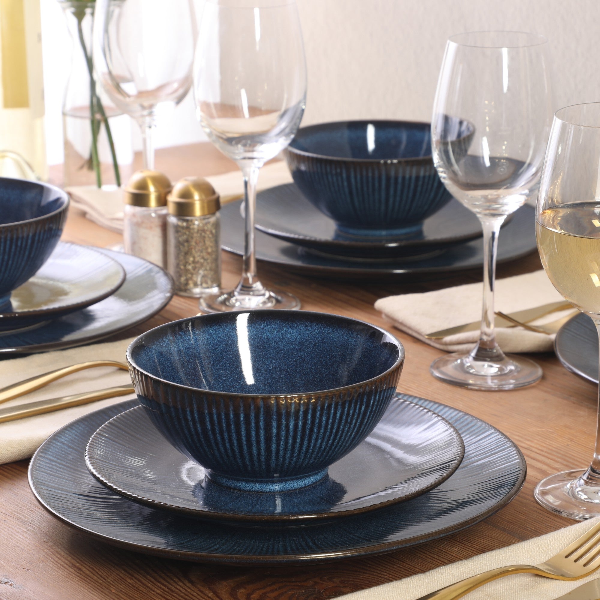Gibson Elite Midnight Luna Plates and Bowls Sets, 12-Piece Stoneware Dinnerware Sets, Reactive Glaze Dish Set - Blue - Image 3