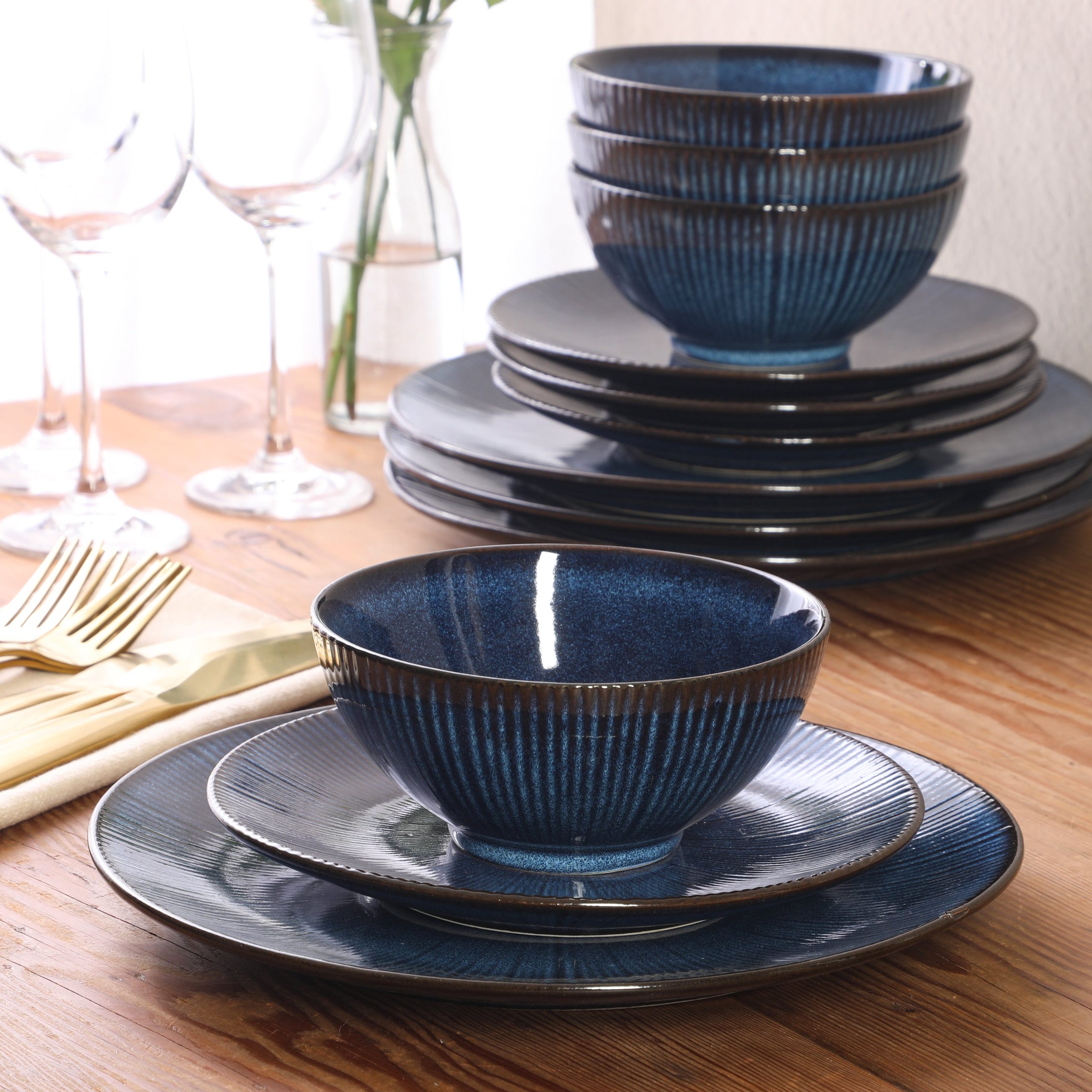 Gibson Elite Midnight Luna Plates and Bowls Sets, 12-Piece Stoneware Dinnerware Sets, Reactive Glaze Dish Set - Blue - Image 2