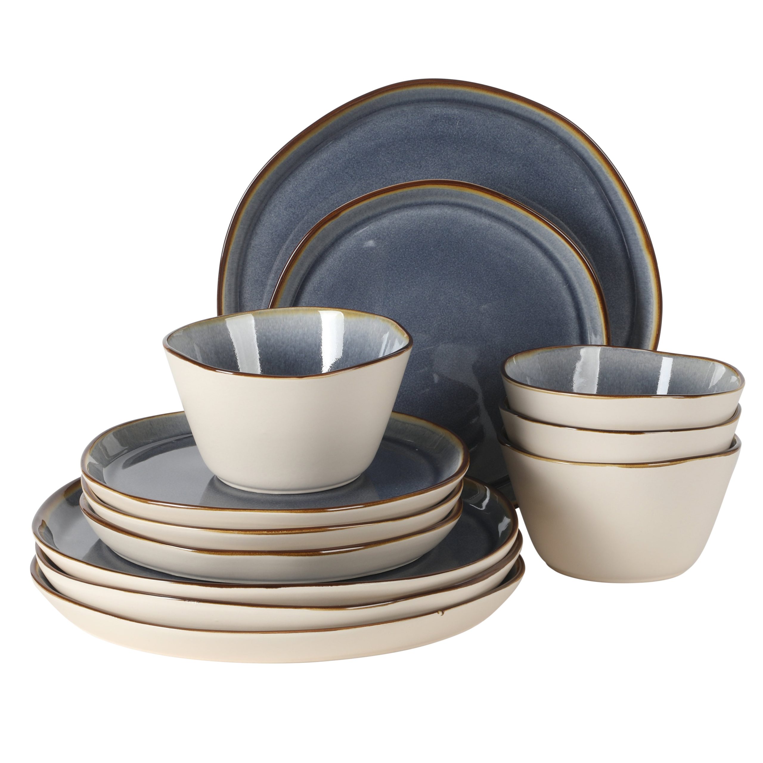 Gibson Elite Algeria River Plates and Bowls Sets, 12-Piece Stoneware Dinnerware Sets, Reactive Glaze Dish Set