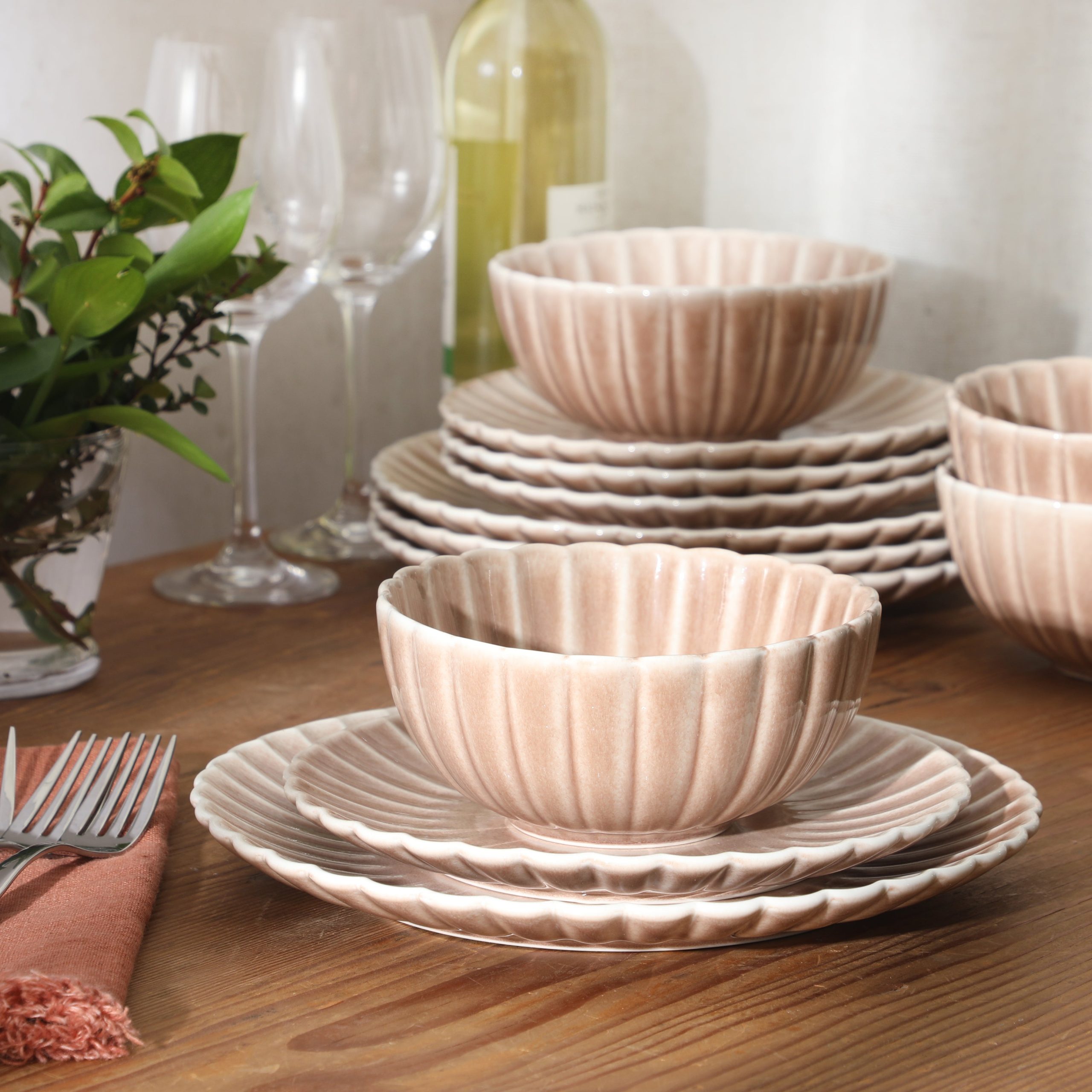 Gibson Elite Peach Orchard 12-Piece New Bone China Dinnerware Set Service for 4, Embossed Fluted Plates and Bowls, Dishwasher Safe - Image 2