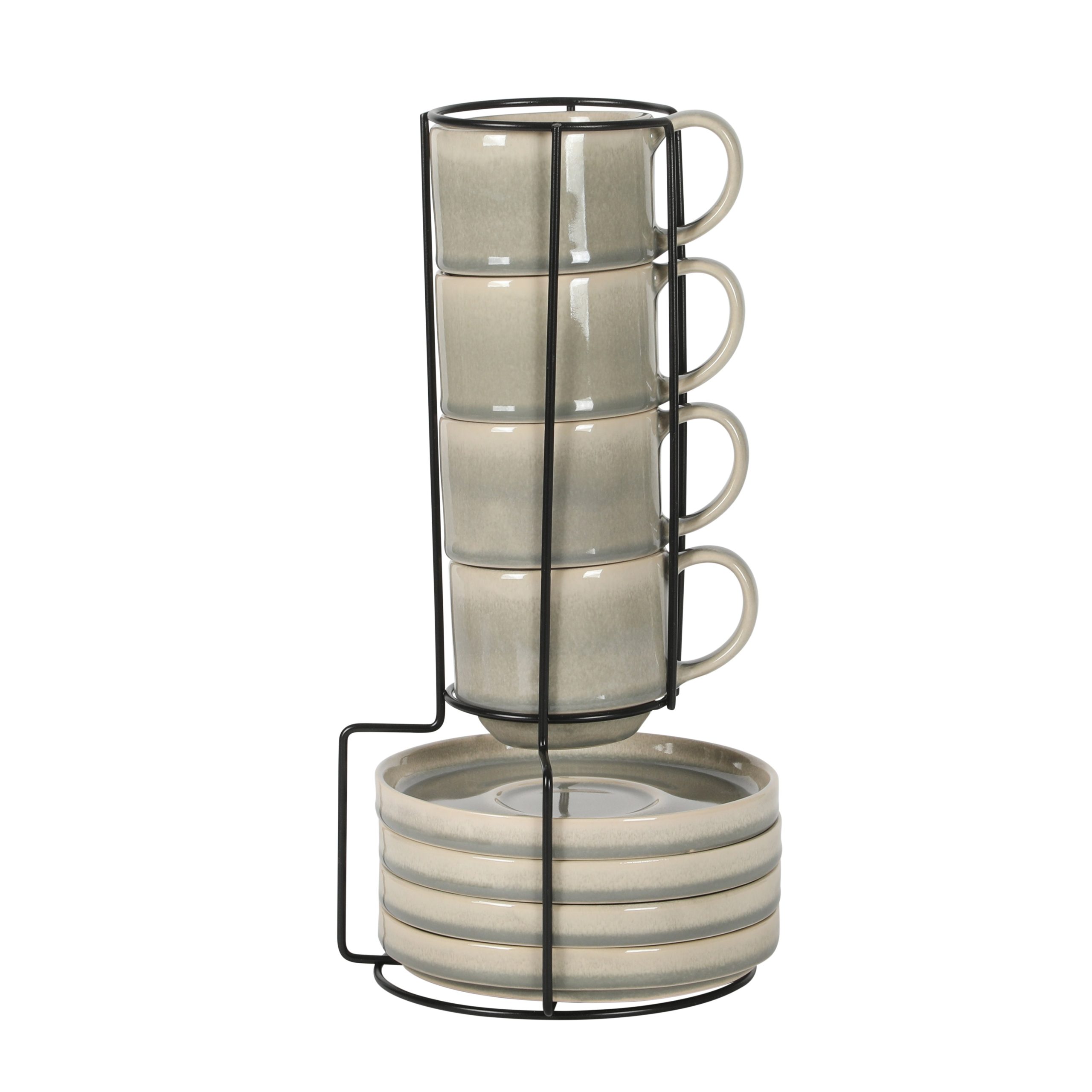 Gibson Elite Sunrise Hills 9-Piece Stackable Stoneware Cup and Saucer Set with Metal Rack, 6 oz, Service for 4, Dishwasher Safe - Image 5