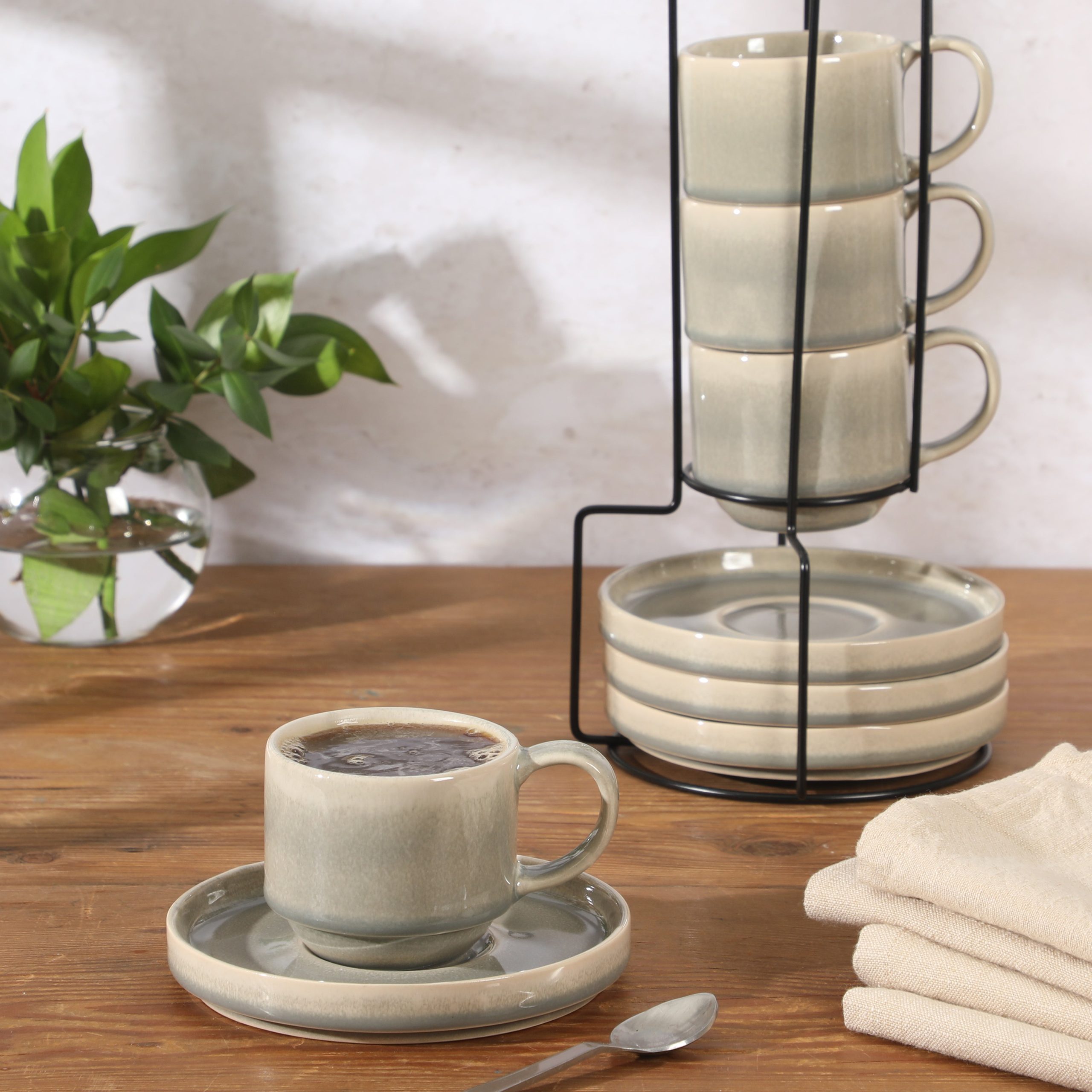 Gibson Elite Sunrise Hills 9-Piece Stackable Stoneware Cup and Saucer Set with Metal Rack, 6 oz, Service for 4, Dishwasher Safe - Image 4