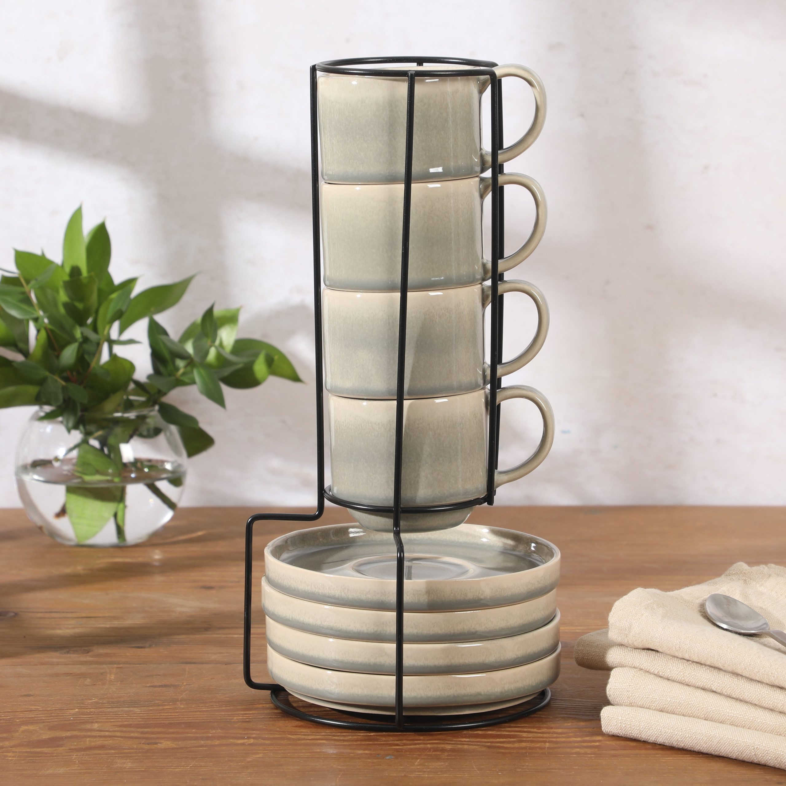 Gibson Elite Sunrise Hills 9-Piece Stackable Stoneware Cup and Saucer Set with Metal Rack, 6 oz, Service for 4, Dishwasher Safe - Image 2