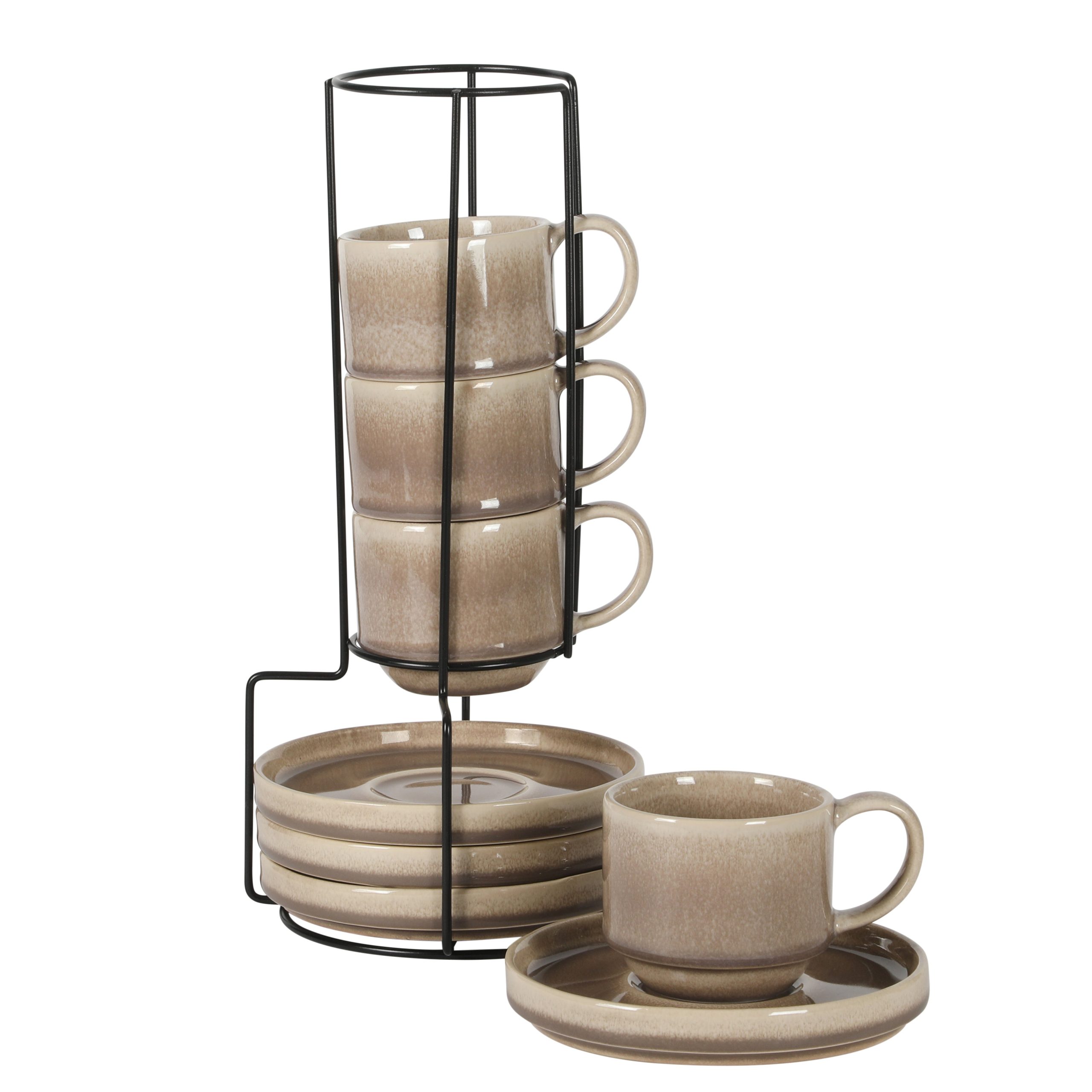 Gibson Elite Sunrise Hills 9-Piece Stackable Stoneware Cup and Saucer Set with Metal Rack, 6 oz, Service for 4, Dishwasher Safe - Image 12