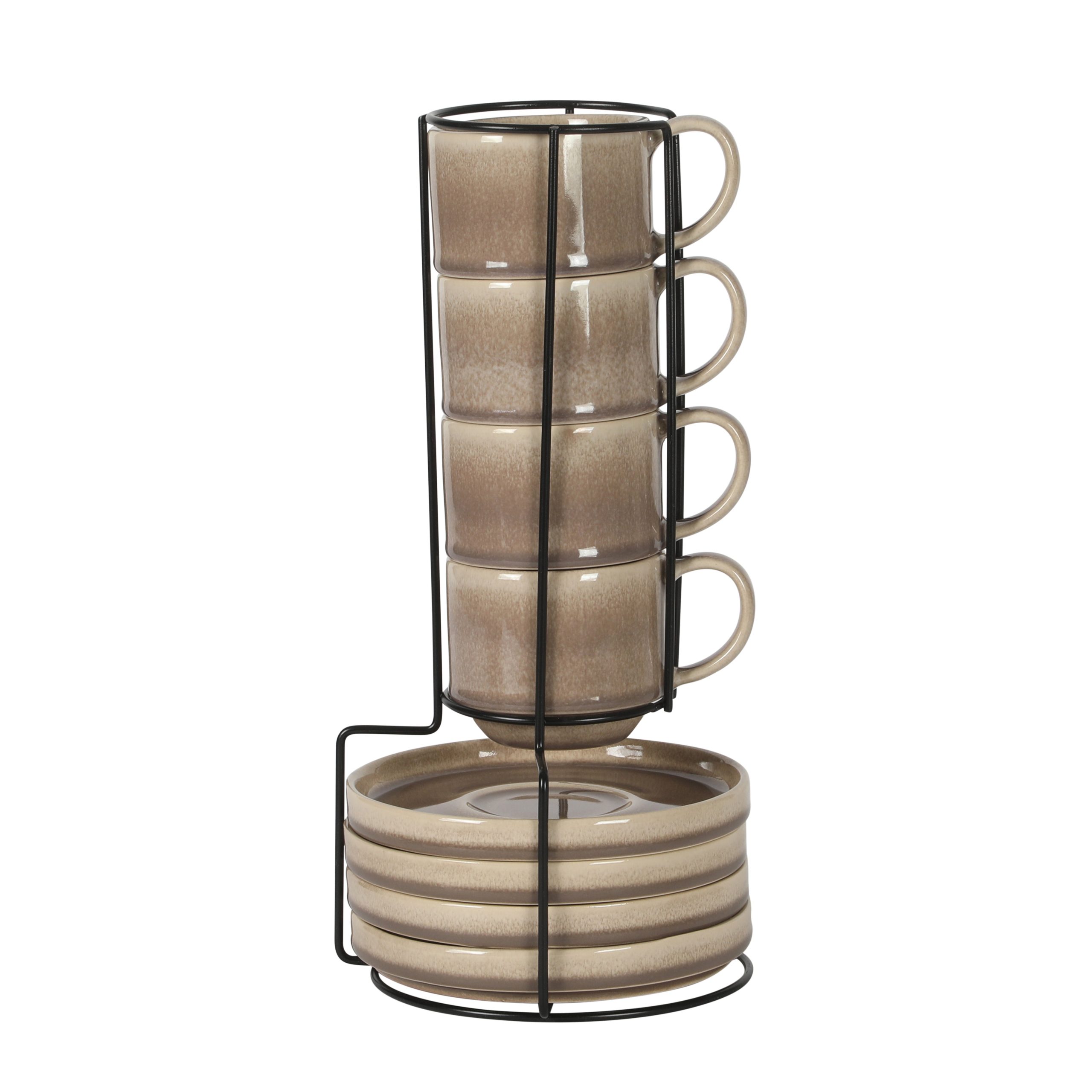 Gibson Elite Sunrise Hills 9-Piece Stackable Stoneware Cup and Saucer Set with Metal Rack, 6 oz, Service for 4, Dishwasher Safe - Image 14