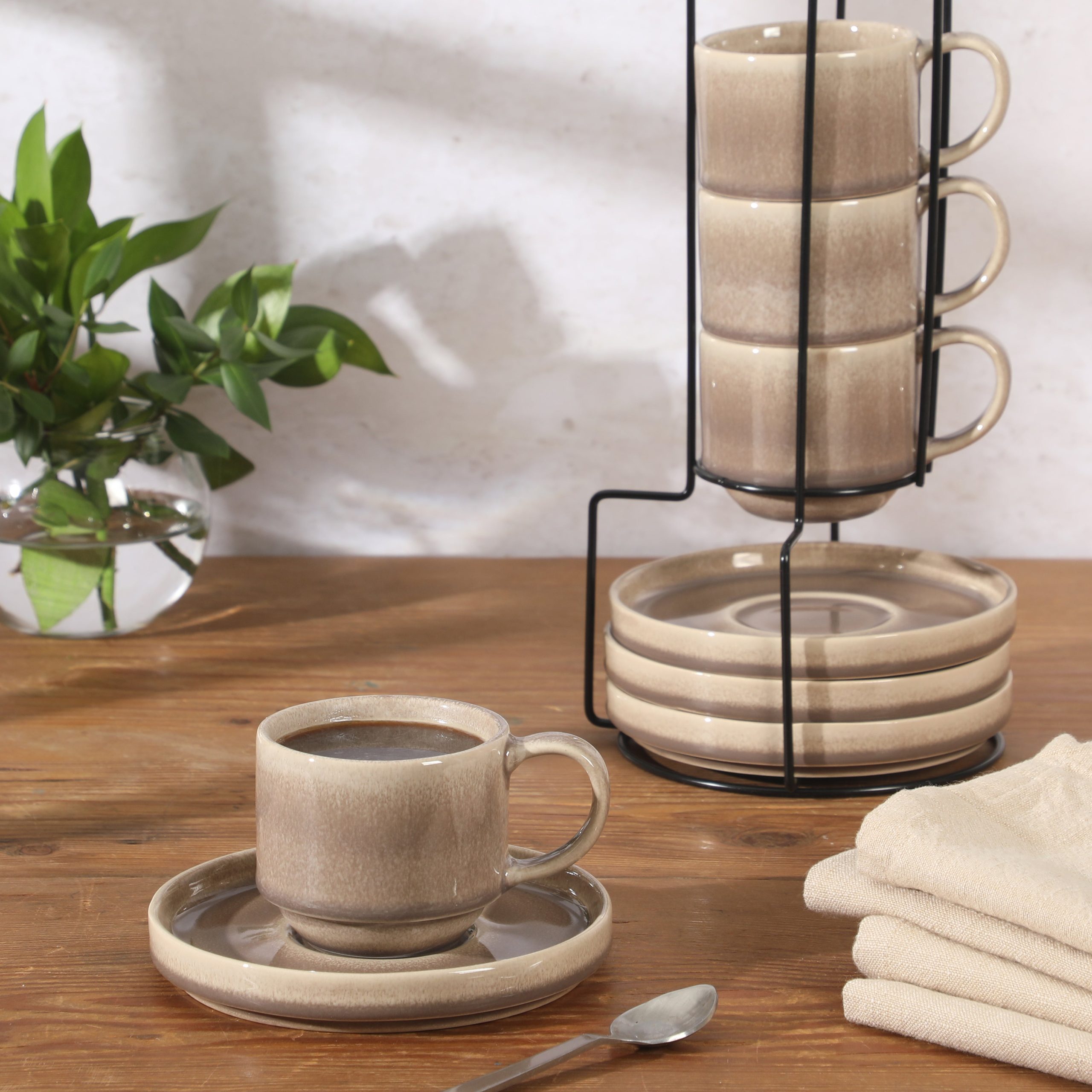 Gibson Elite Sunrise Hills 9-Piece Stackable Stoneware Cup and Saucer Set with Metal Rack, 6 oz, Service for 4, Dishwasher Safe - Image 10