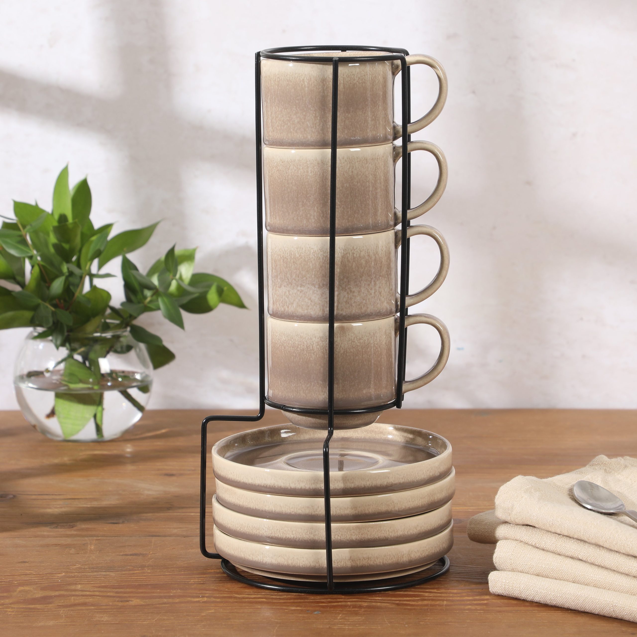 Gibson Elite Sunrise Hills 9-Piece Stackable Stoneware Cup and Saucer Set with Metal Rack, 6 oz, Service for 4, Dishwasher Safe - Image 11