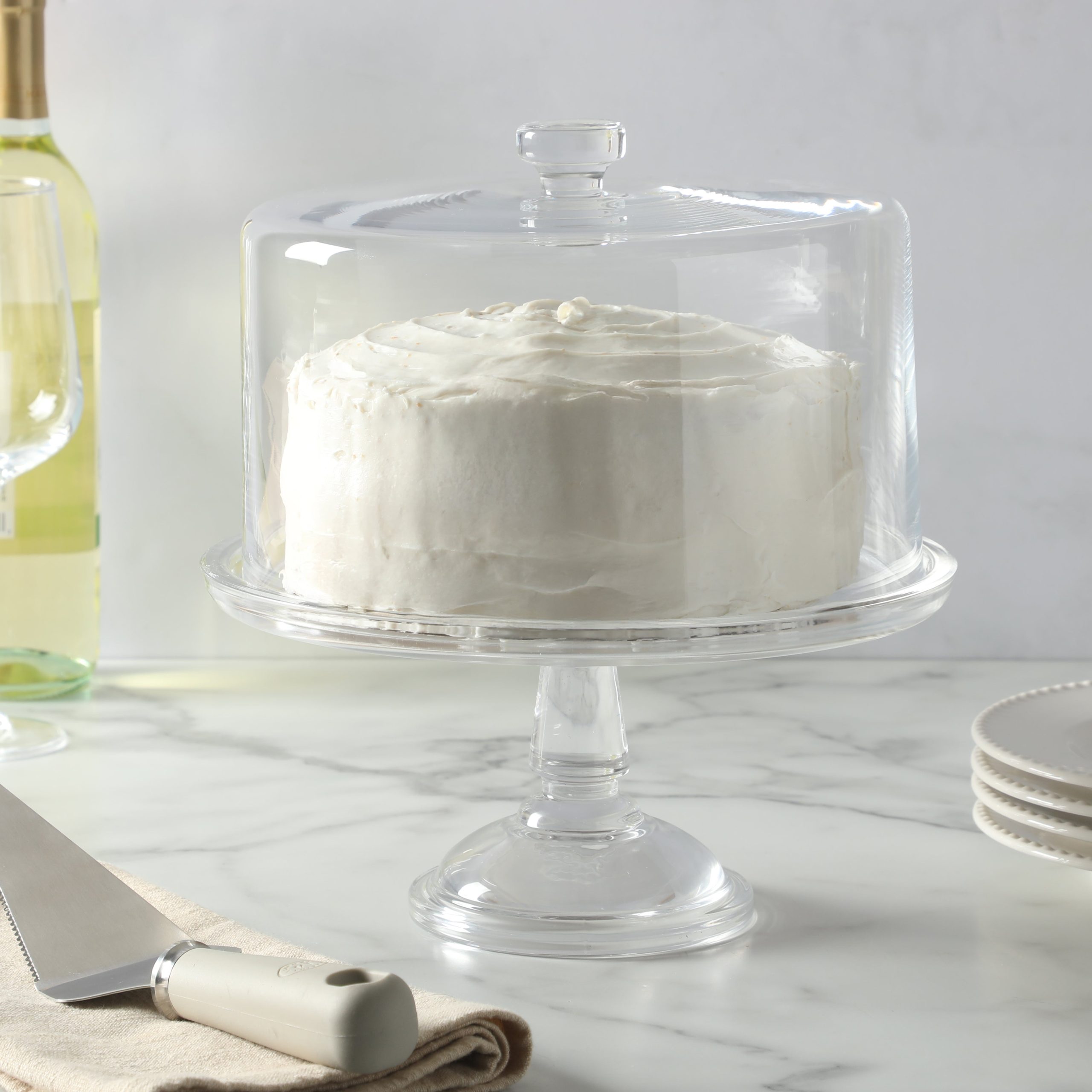 Martha Stewart Watercrest Glass Cake Stand with Dome, 10.2 Inch Clear Footed Pedestal Cake Stand with Glass Lid Cover, Handmade Glassware - Image 6