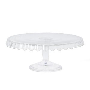 Martha Stewart Watercrest Glass Cake Stand, 10.2 Inch Footed Pedestal Cake Plate with Scalloped Ruffled Edge, Clear Handmade Glassware