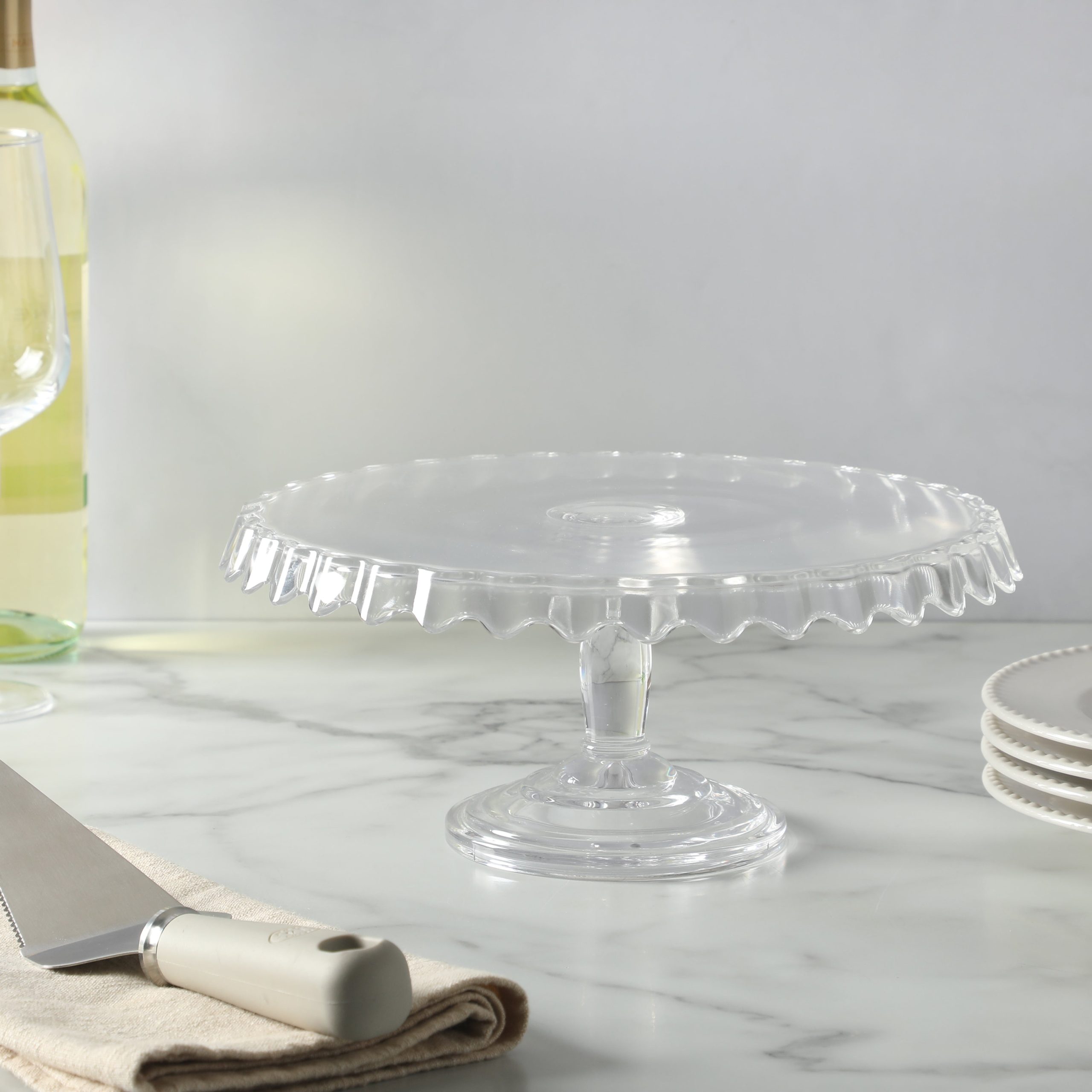 Martha Stewart Watercrest Glass Cake Stand, 10.2 Inch Footed Pedestal Cake Plate with Scalloped Ruffled Edge, Clear Handmade Glassware - Image 2