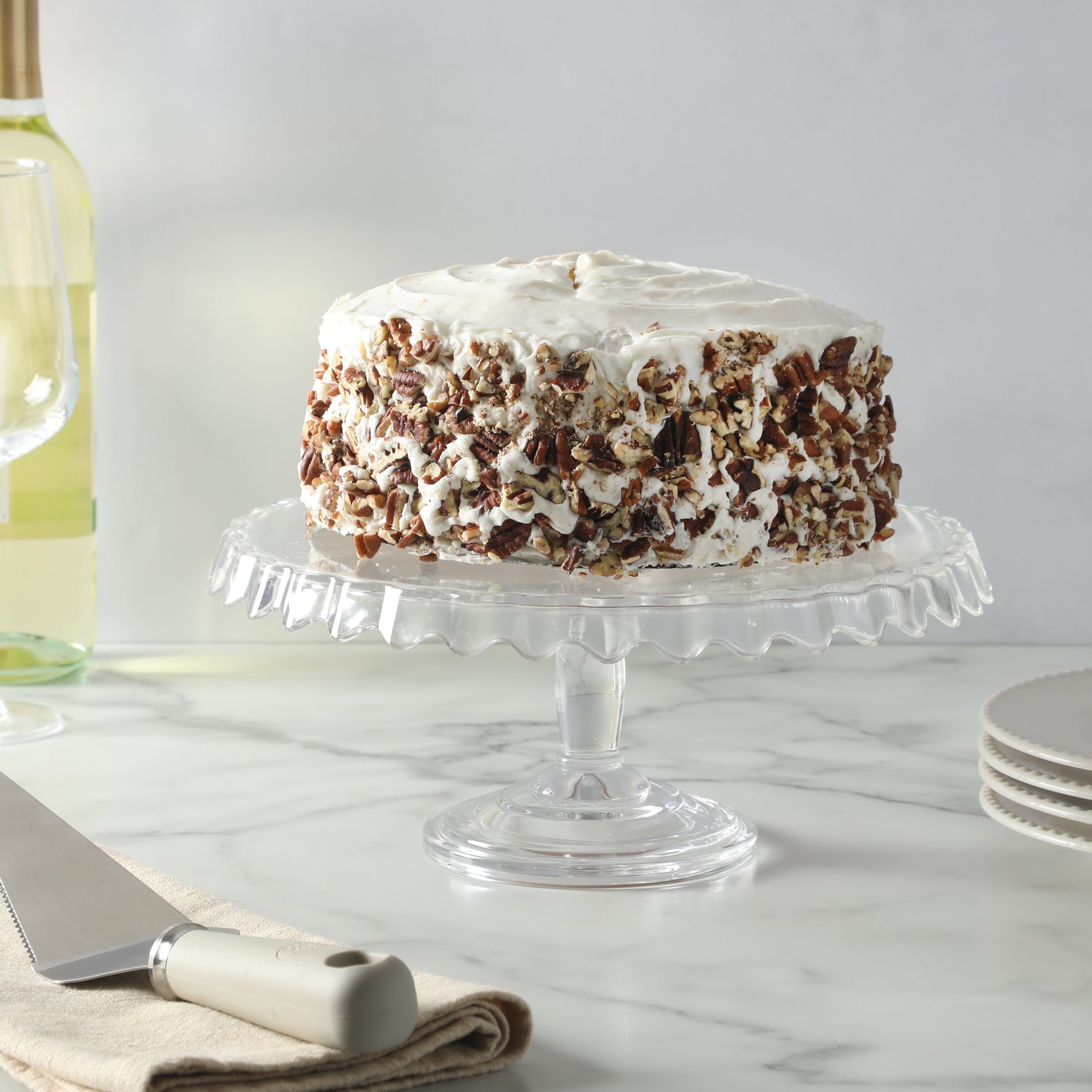 Martha Stewart Watercrest Glass Cake Stand, 10.2 Inch Footed Pedestal Cake Plate with Scalloped Ruffled Edge, Clear Handmade Glassware - Image 3