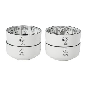 Peanuts Snoopy Cereal Bowls, Set of 4, 4.5-Inch Porcelain Snack Bowls for Ice Cream and Dessert, Sunday Comic Strip Design with Snoopy and Woodstock