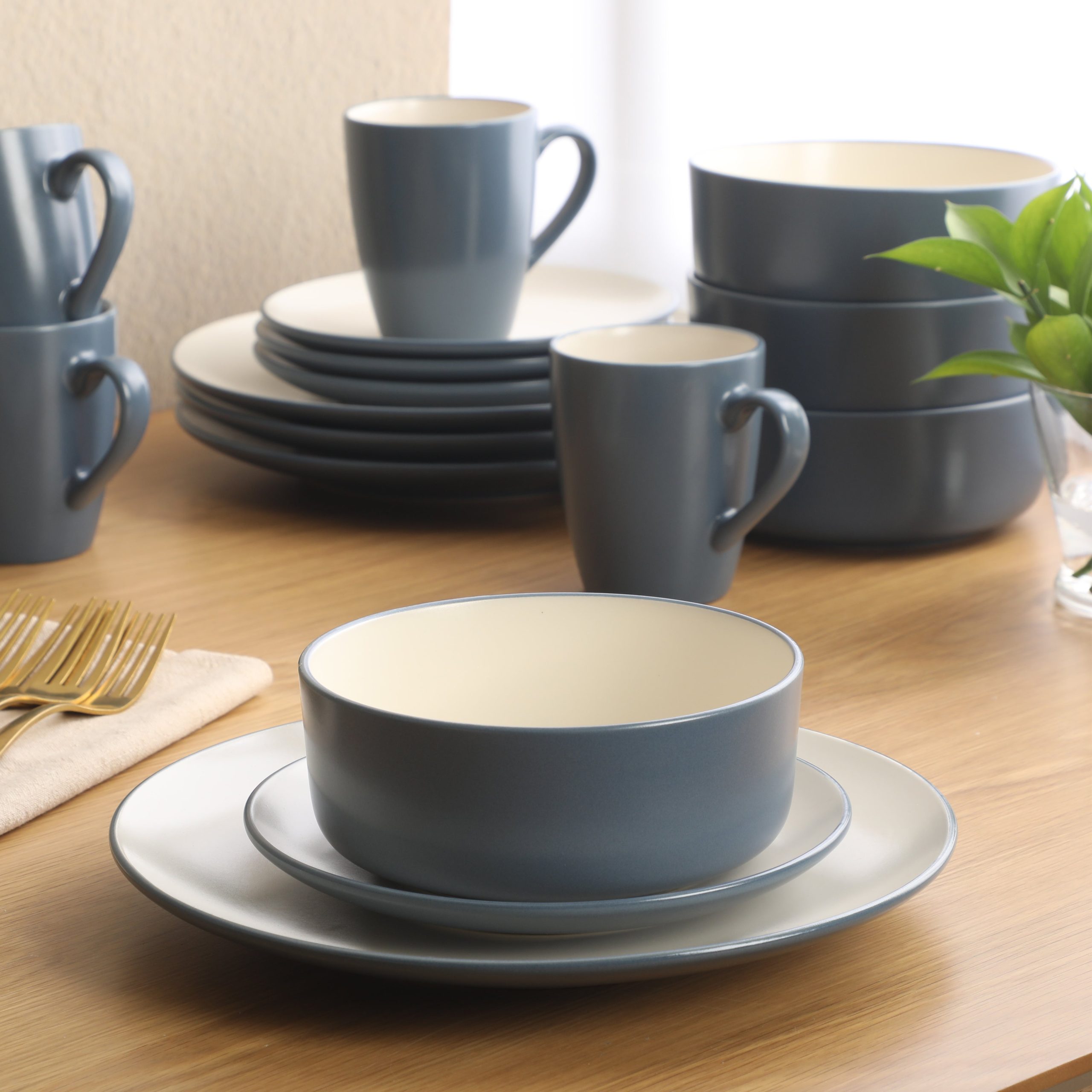 Gibson Elite Oxford Blue Plates and Bowls Sets, 16 Piece Stoneware Dinnerware Sets for 4, Dinner Plates Dessert Plates Bowls Mugs - Image 2