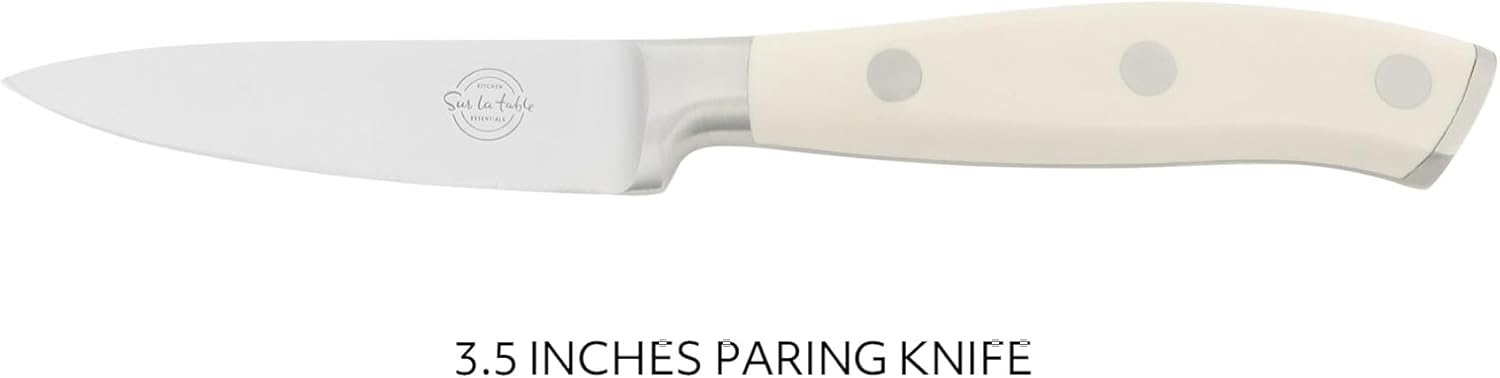Sur La Table Kitchen Essentials Tasting Kitchen German Steel Paring Knife, 3.5-Inch Stainless Steel Blade – Professional Kitchen Knife with White Handle and Forged Full Tang - Image 4
