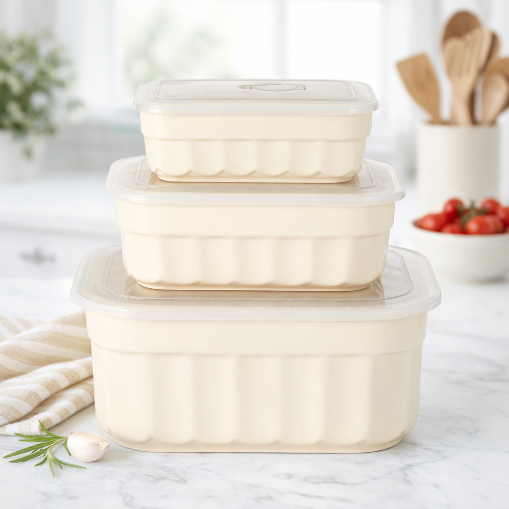 Martha Stewart Broadbrook 6 Piece Stoneware Meal Prep Container Set with Lids, Rectangular/Round Food Storage & Bakeware, Cream, Oven, Microwave & Dishwasher Safe - Image 2