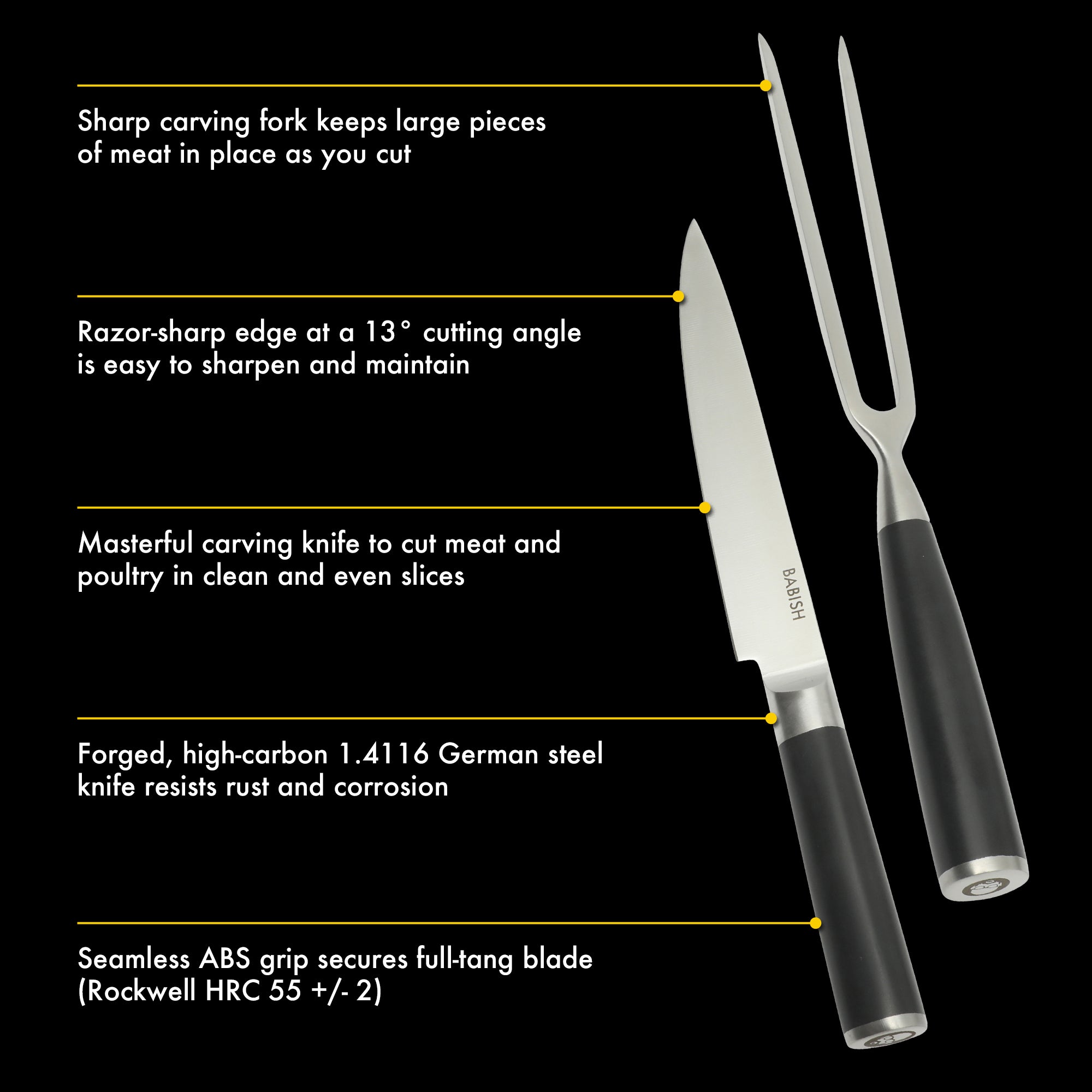 Babish 2-Piece Carving Knife and Fork Set – 8-Inch Stainless Steel Carving Knife with 6.5-Inch Fork – Precision Cutlery for Turkey, Roast, and Meat Carving – Ergonomic ABS Handles - Image 3