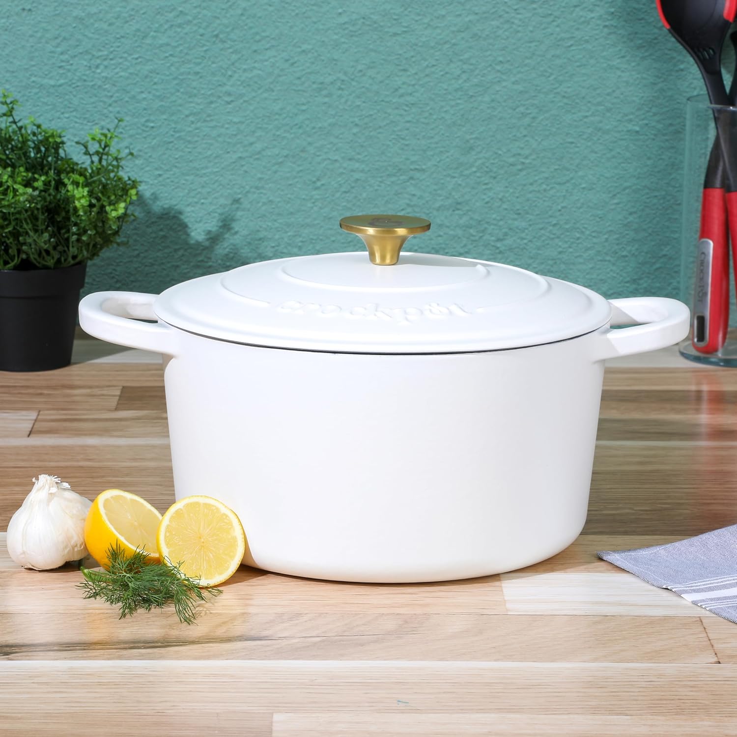 Crock Pot Artisan 6-Quart Round Dutch Oven - Matte Linen White w/Gold Knob, Gradient Red, or Teal Ombre - Image 3